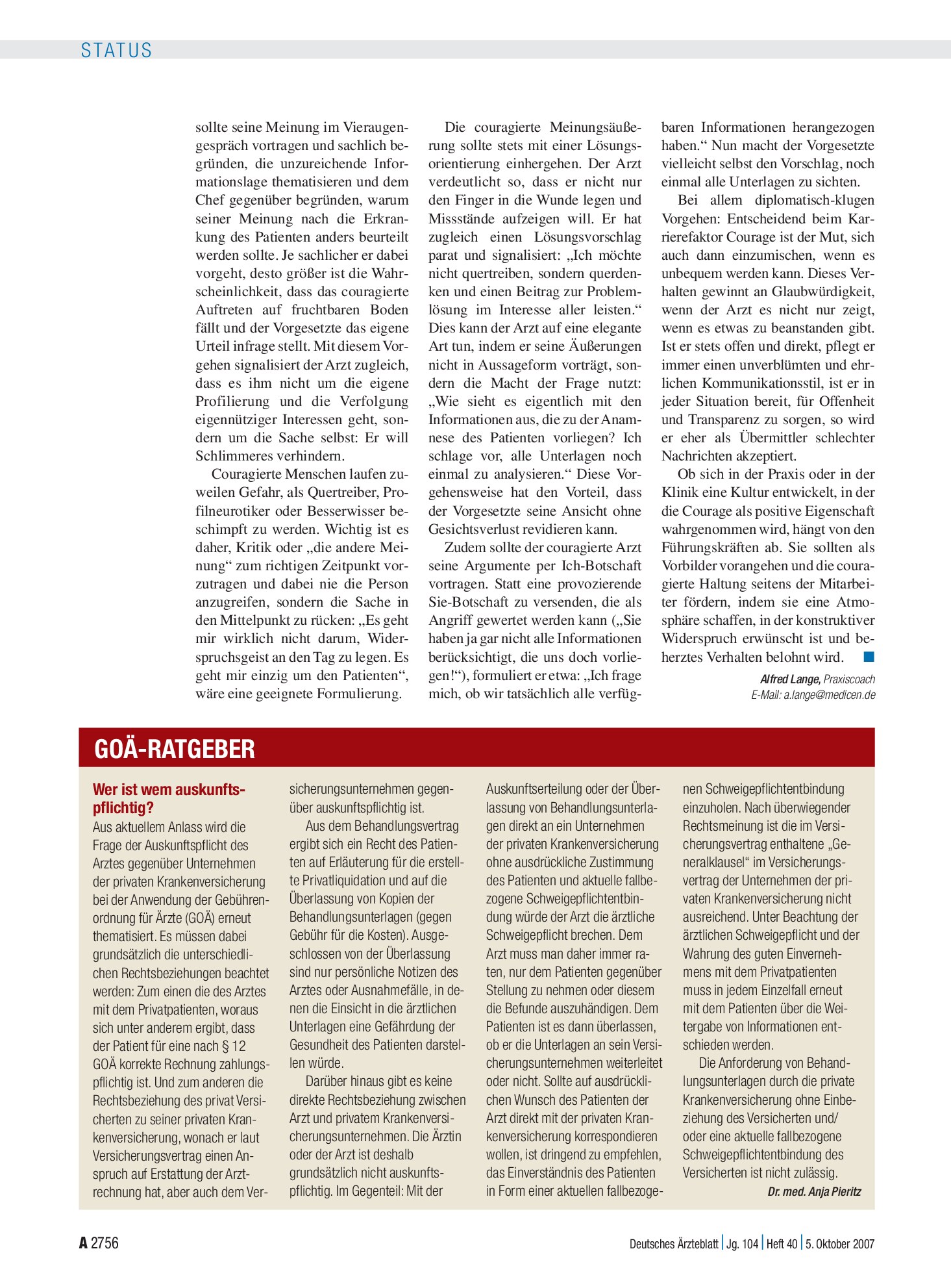 Vorschauseite 1: Wer ist wem auskunftspflichtig? – Deutsches Ärzteblatt