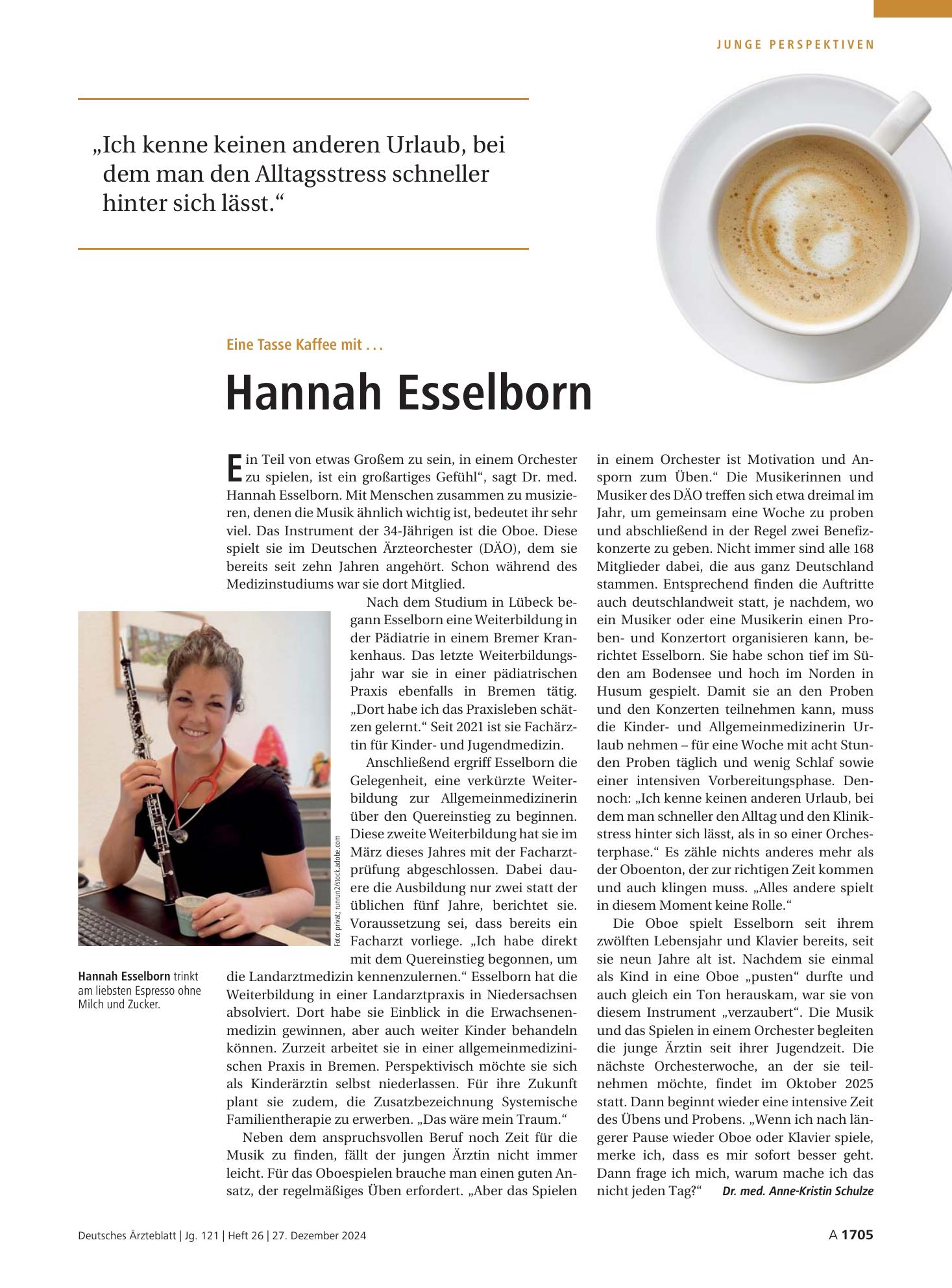 Vorschauseite 1: Eine Tasse Kaffee mit . . . Hannah Esselborn – Deutsches Ärzteblatt