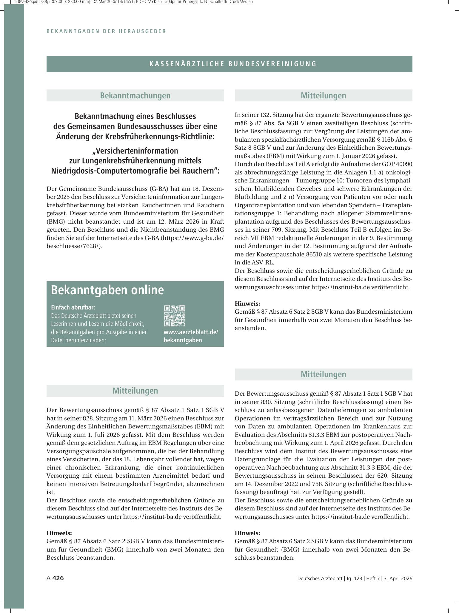Vorschauseite 1: Mitteilungen – Deutsches Ärzteblatt