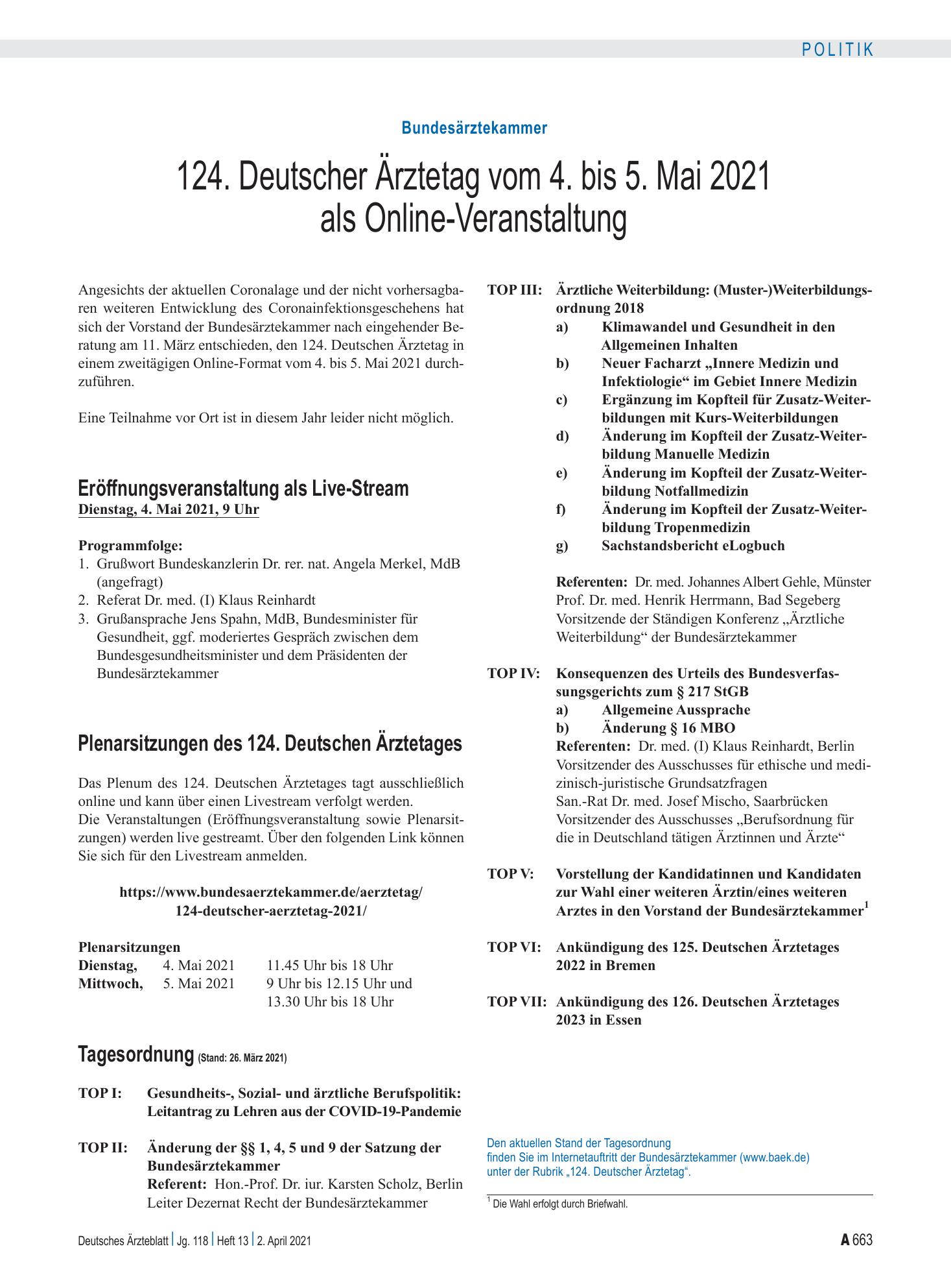 Vorschauseite 1: Bundesärztekammer: 124. Deutscher Ärztetag vom 4. bis 5. Mai 2021 als Online-Veranstaltung – Deutsches Ärzteblatt