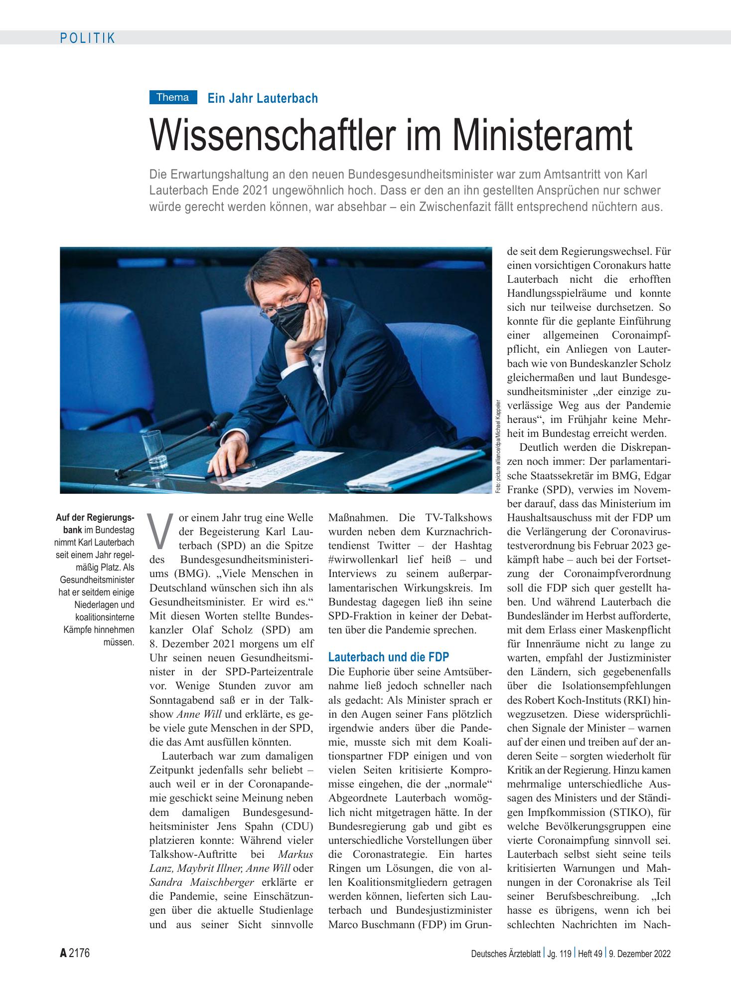 Vorschauseite 1: Ein Jahr Lauterbach: Wissenschaftler im Ministeramt – Deutsches Ärzteblatt