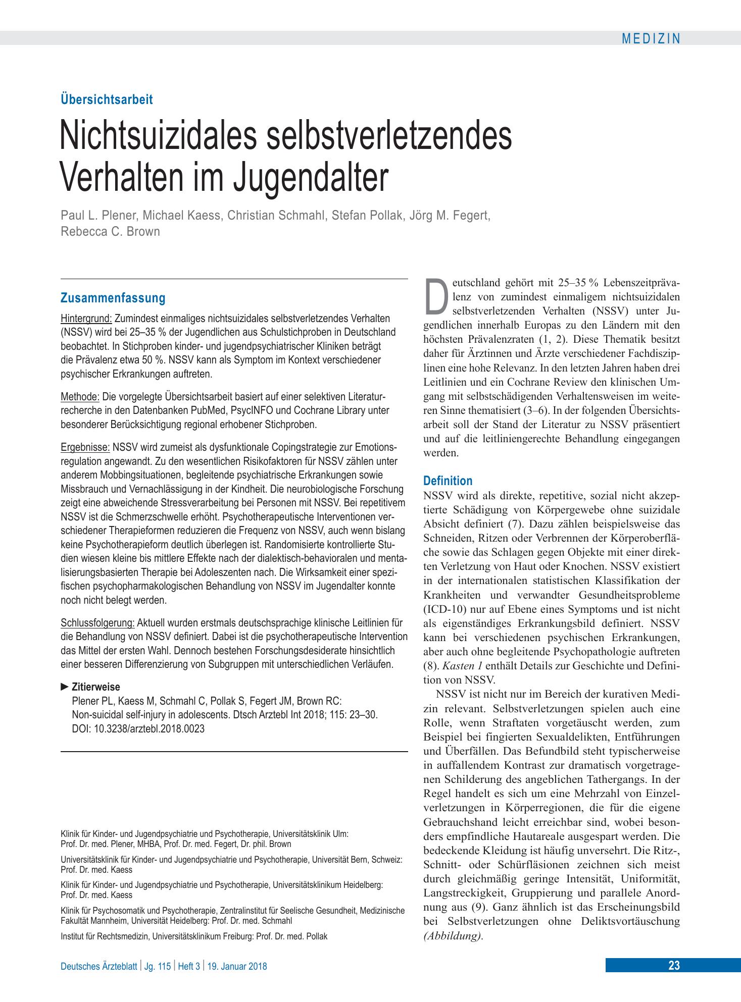 Vorschauseite 1: Nichtsuizidales selbstverletzendes Verhalten im Jugendalter – Deutsches Ärzteblatt