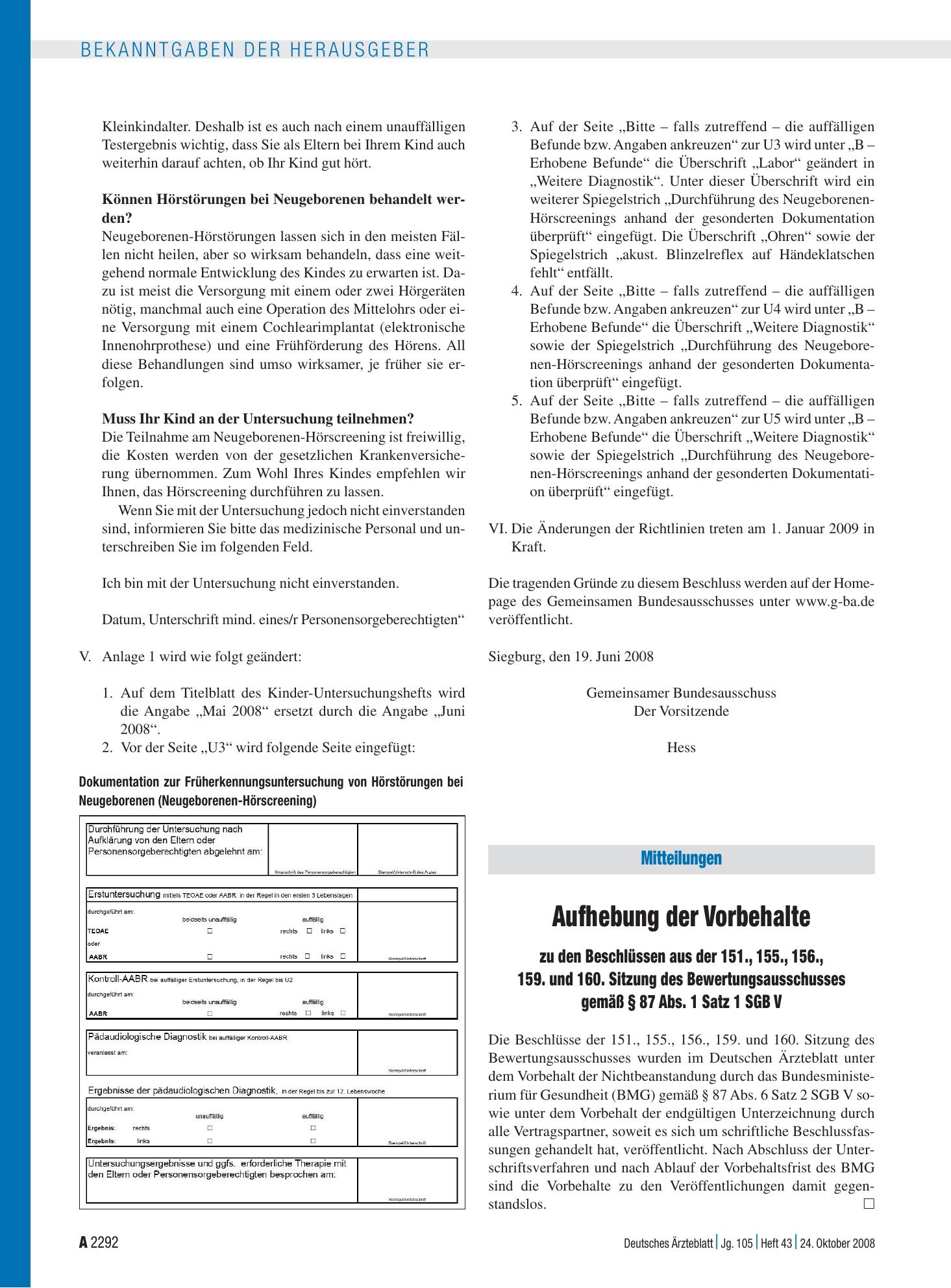 Vorschauseite 1: Mitteilungen: Aufhebung der Vorbehalte zu den Beschlüssen aus der 151., 155., 156., 159. und 160. Sitzung des Bewertungsausschusses gemäß § 87 Abs. 1 Satz 1 SGB V – Deutsches Ärzt…