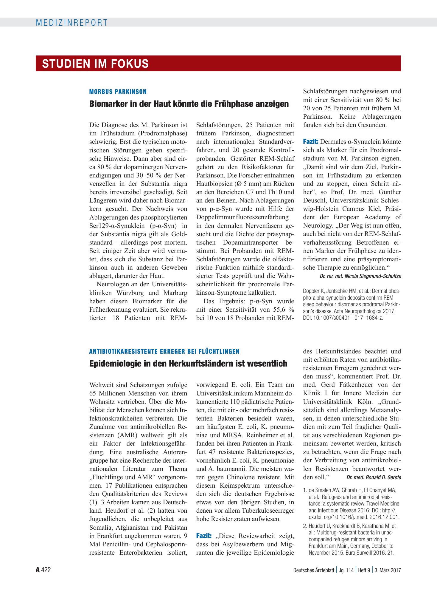 Vorschauseite 1: Antibiotikaresistente Erreger bei Flüchtlingen: Epidemiologie in den Herkunftsländern ist wesentlich – Deutsches Ärzteblatt