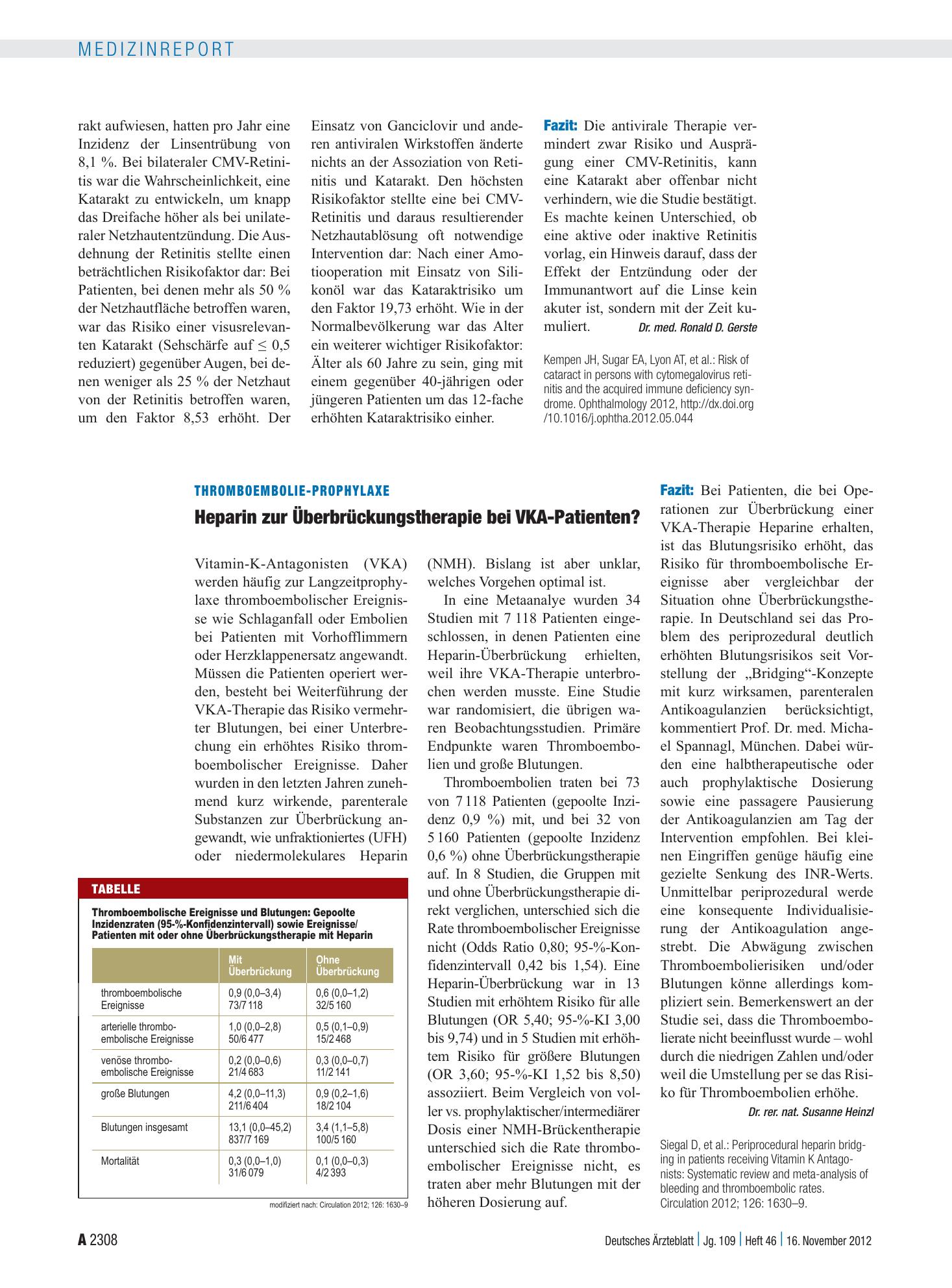 Vorschauseite 1: Thromboembolie-Prophylaxe: Heparin zur Überbrückungstherapie bei VKA-Patienten? – Deutsches Ärzteblatt