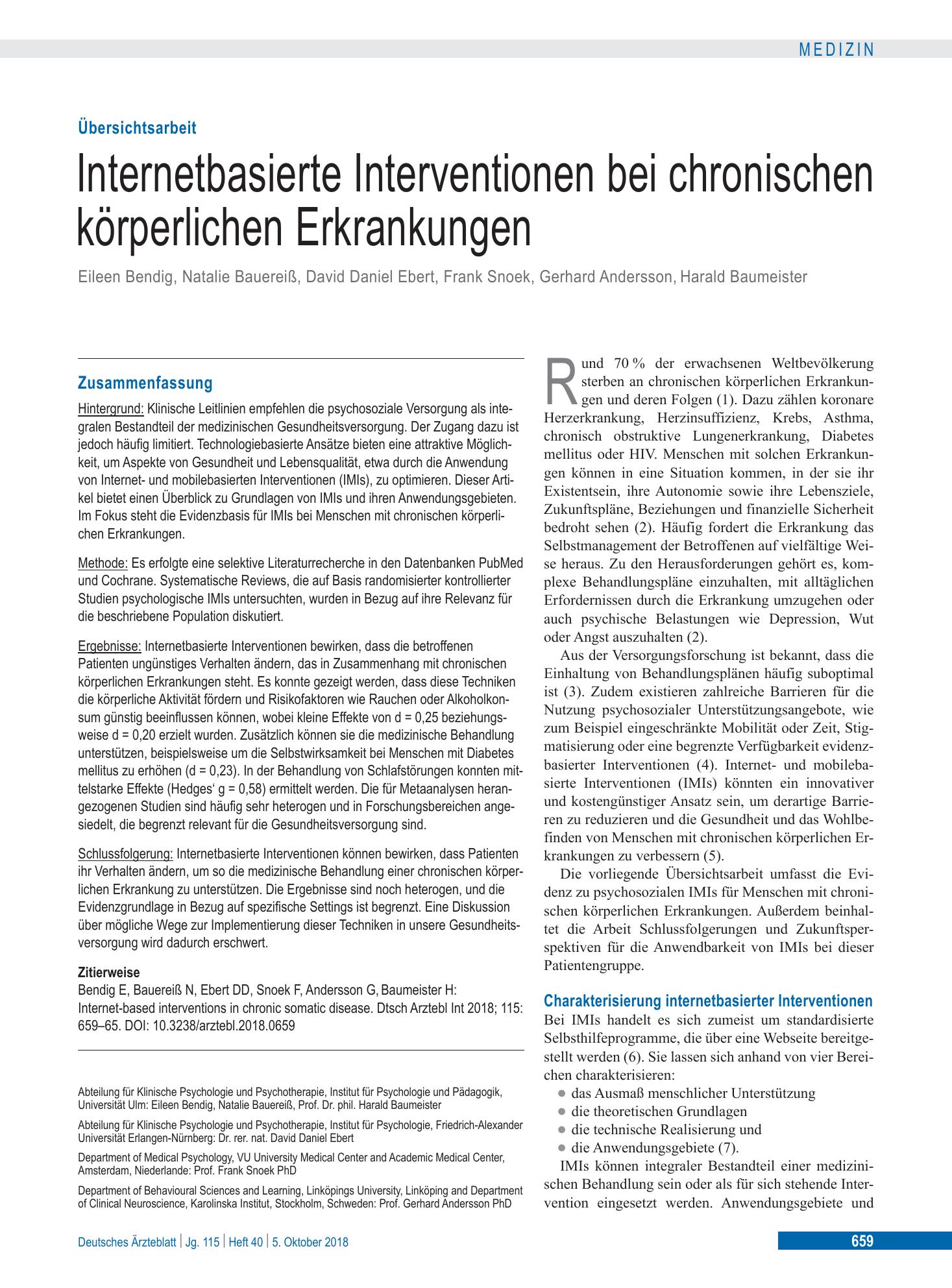 Vorschauseite 1: Internetbasierte Interventionen bei chronischen körperlichen Erkrankungen – Deutsches Ärzteblatt