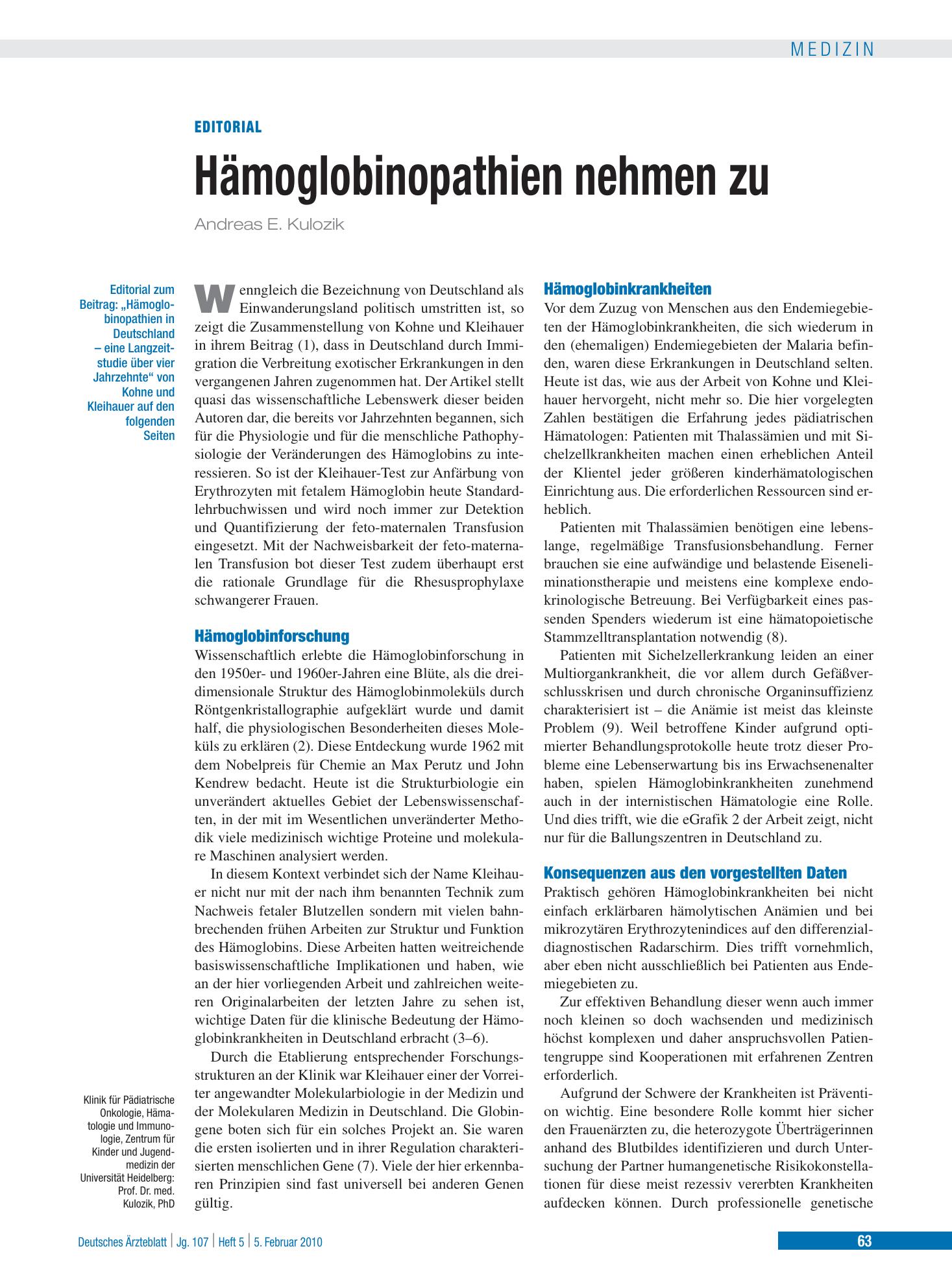 Vorschauseite 1: Hämoglobinopathien nehmen zu – Deutsches Ärzteblatt