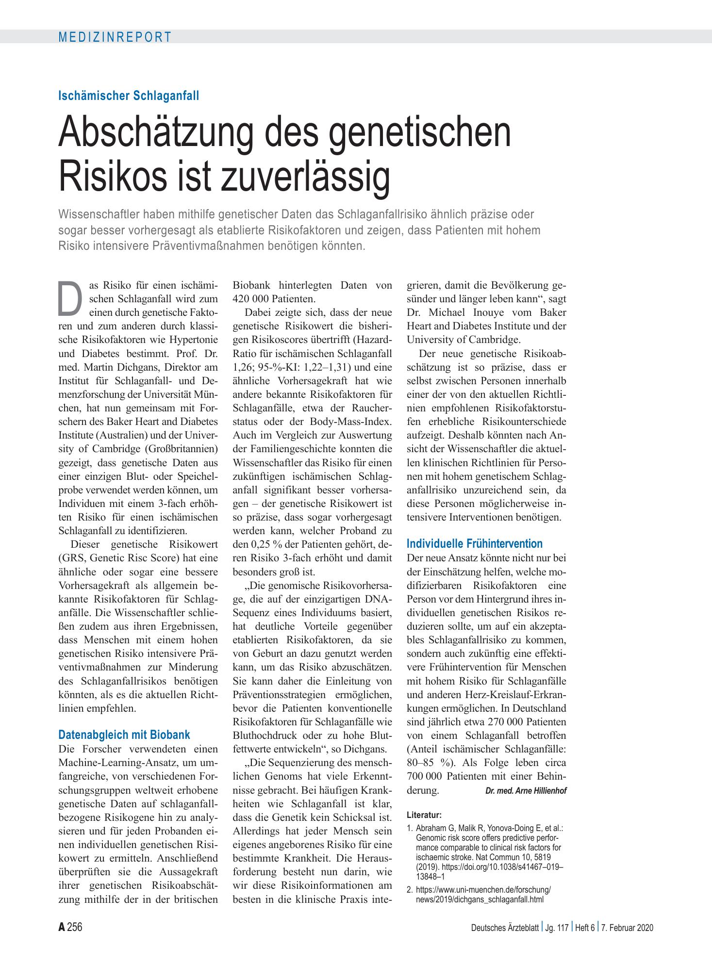 Vorschauseite 1: Ischämischer Schlaganfall: Abschätzung des genetischen Risikos ist zuverlässig – Deutsches Ärzteblatt