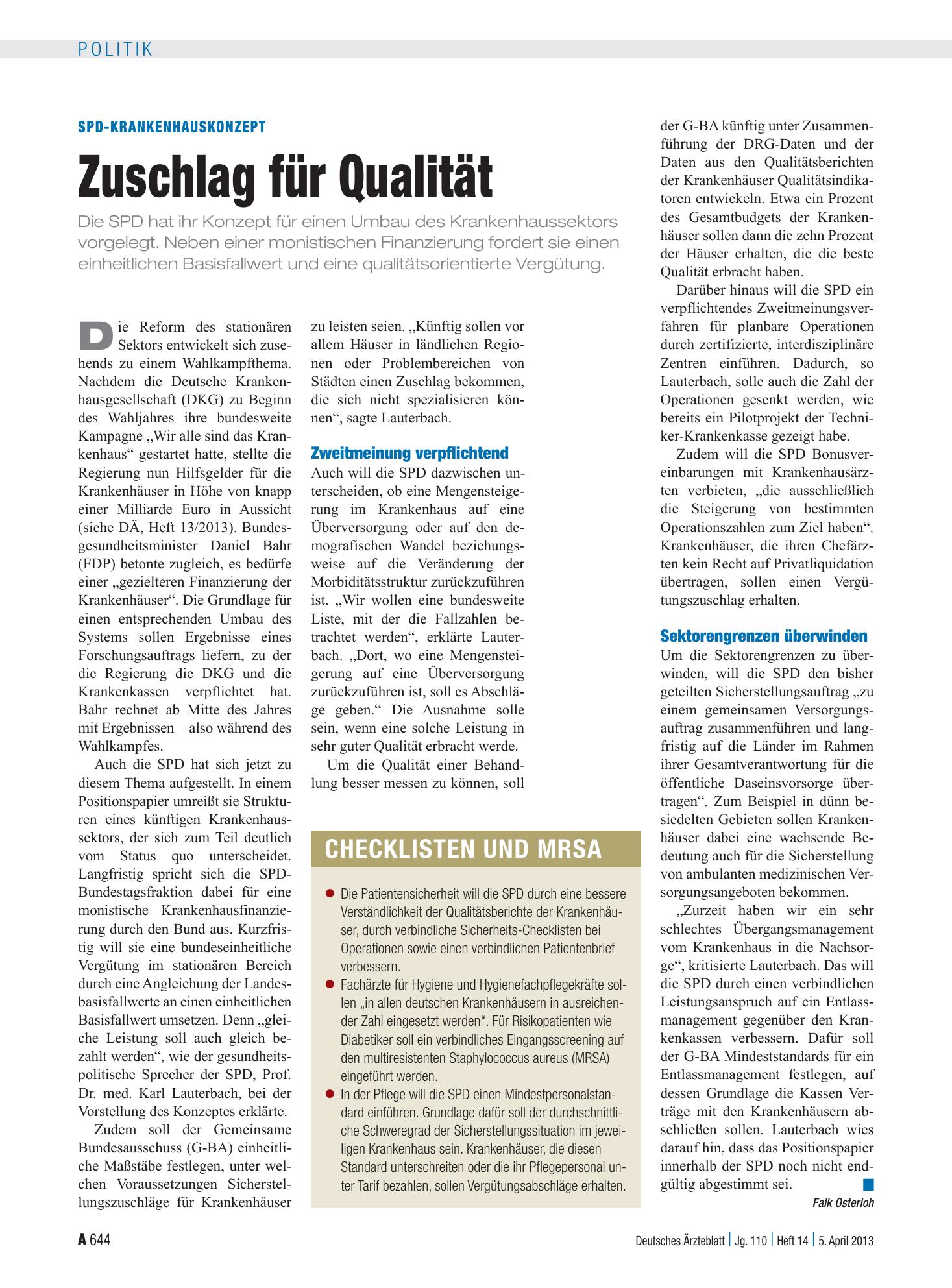 Vorschauseite 1: SPD-Krankenhauskonzept: Zuschlag für Qualität – Deutsches Ärzteblatt