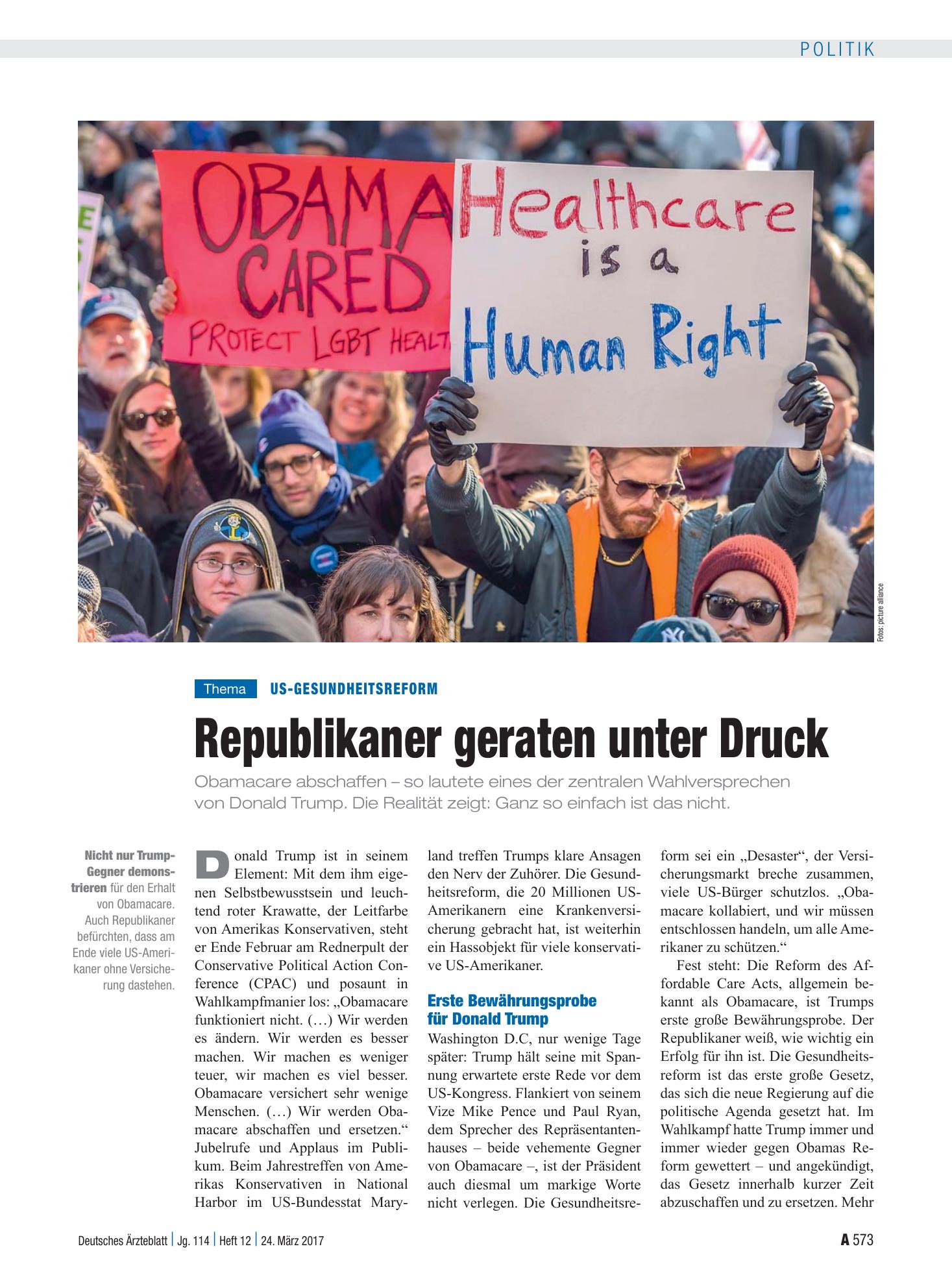 Vorschauseite 1: US-Gesundheitsreform: Republikaner geraten unter Druck – Deutsches Ärzteblatt