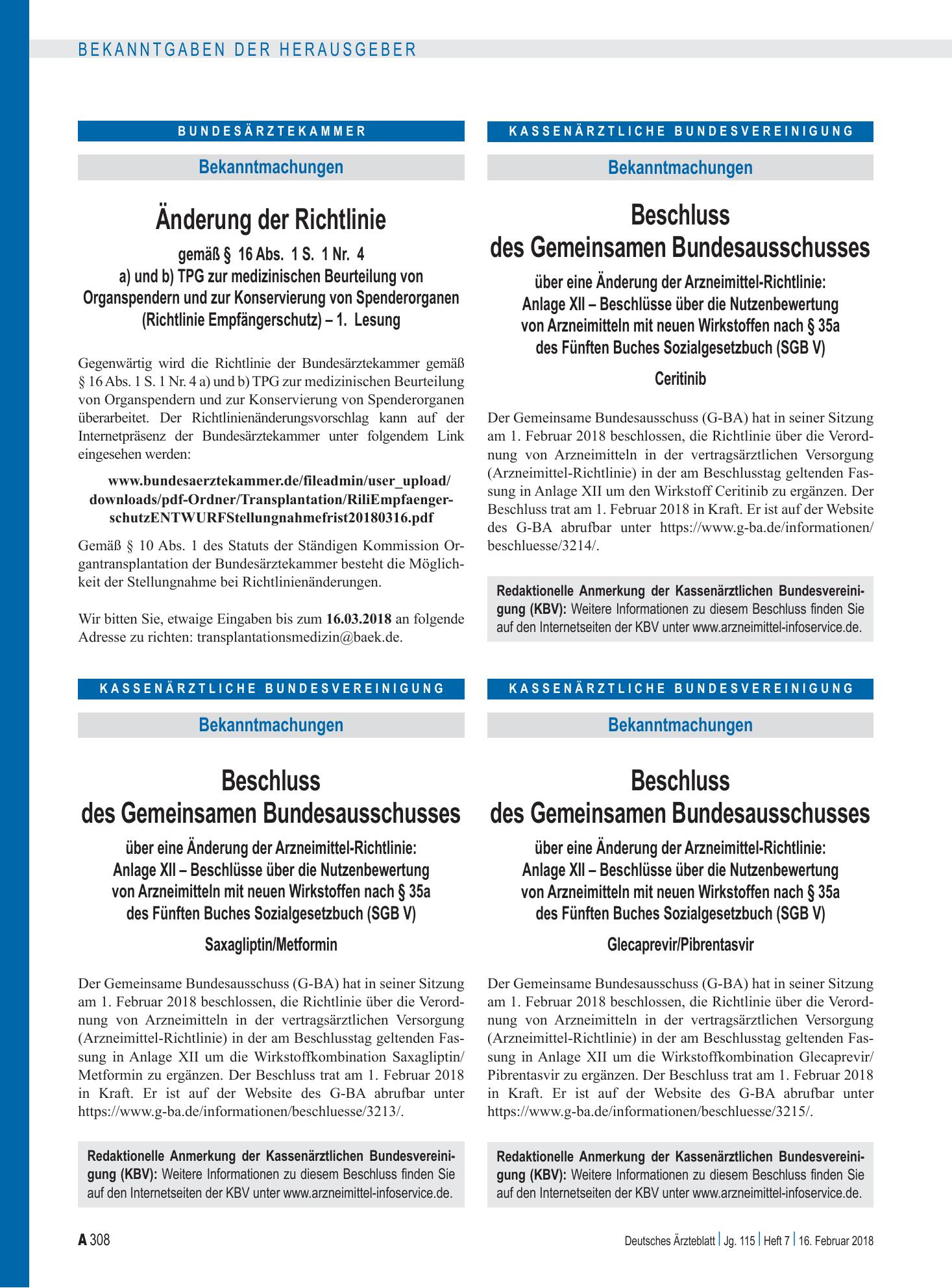 Vorschauseite 1: Beschluss des Gemeinsamen Bundesausschusses über eine Änderung der Arzneimittel-Richtlinie: Anlage XII – Glecaprevir/Pibrentasvir – Deutsches Ärzteblatt