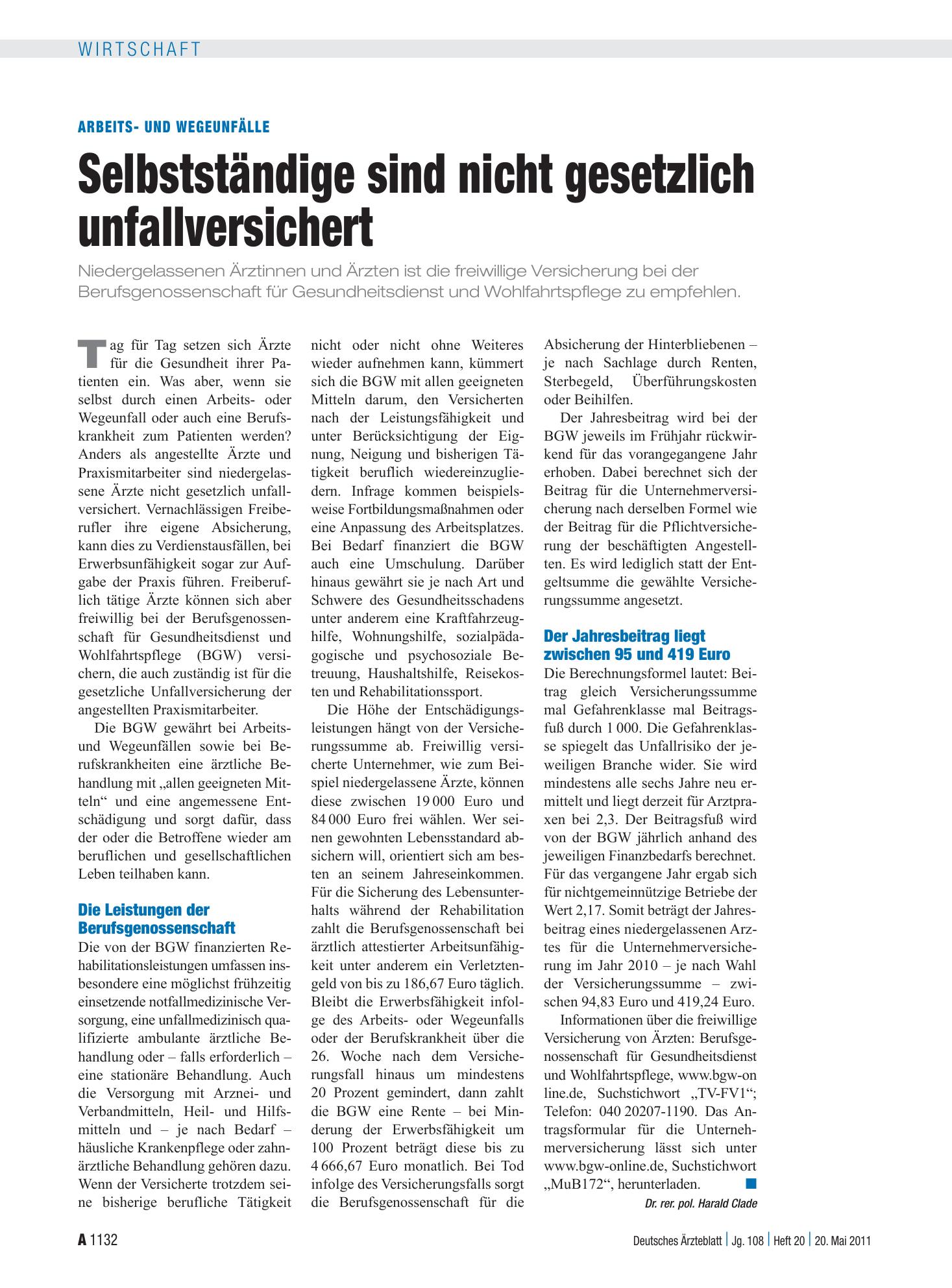 Vorschauseite 1: Arbeits- und Wegeunfälle: Selbstständige sind nicht gesetzlich unfallversichert – Deutsches Ärzteblatt