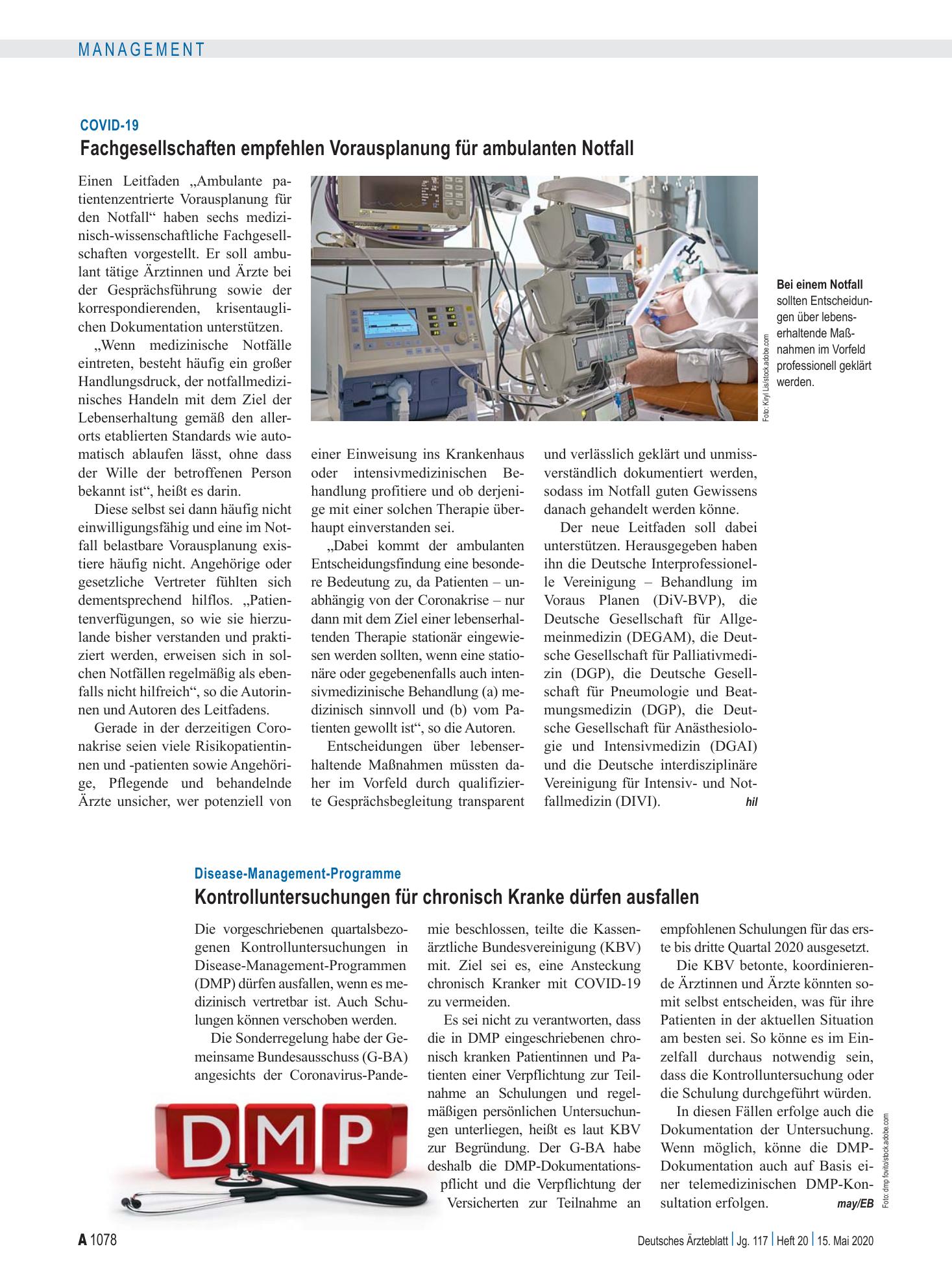 Vorschauseite 1: Disease-Management-Programme: Kontrolluntersuchungen für chronisch Kranke dürfen ausfallen – Deutsches Ärzteblatt