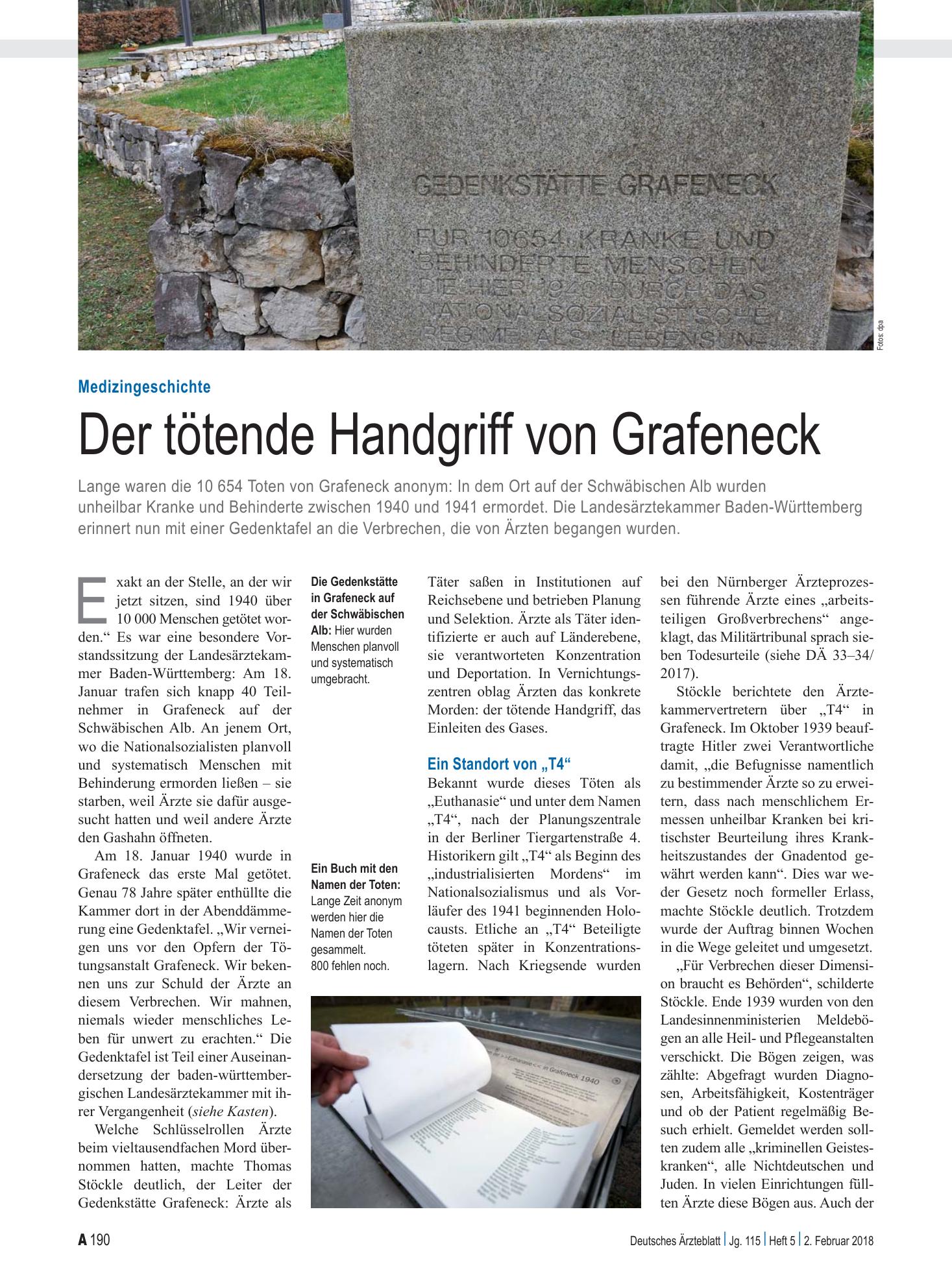 Vorschauseite 1: Medizingeschichte: Der tötende Handgriff von Grafeneck – Deutsches Ärzteblatt