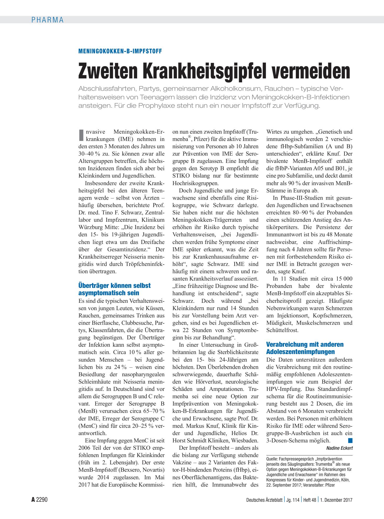Vorschauseite 1: Meningokokken-B-Impfstoff: Zweiten Krankheitsgipfel vermeiden – Deutsches Ärzteblatt