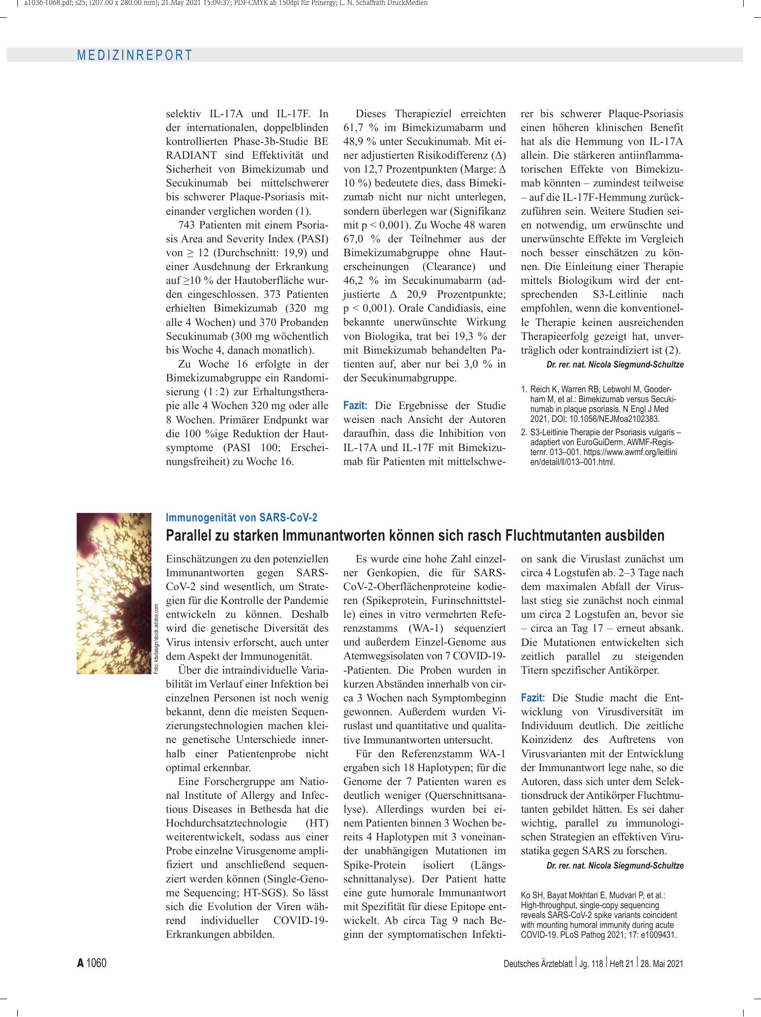 Vorschauseite 1: Immunogenität von SARS-CoV-2: Parallel zu starken Immunantworten können sich rasch Fluchtmutanten ausbilden – Deutsches Ärzteblatt