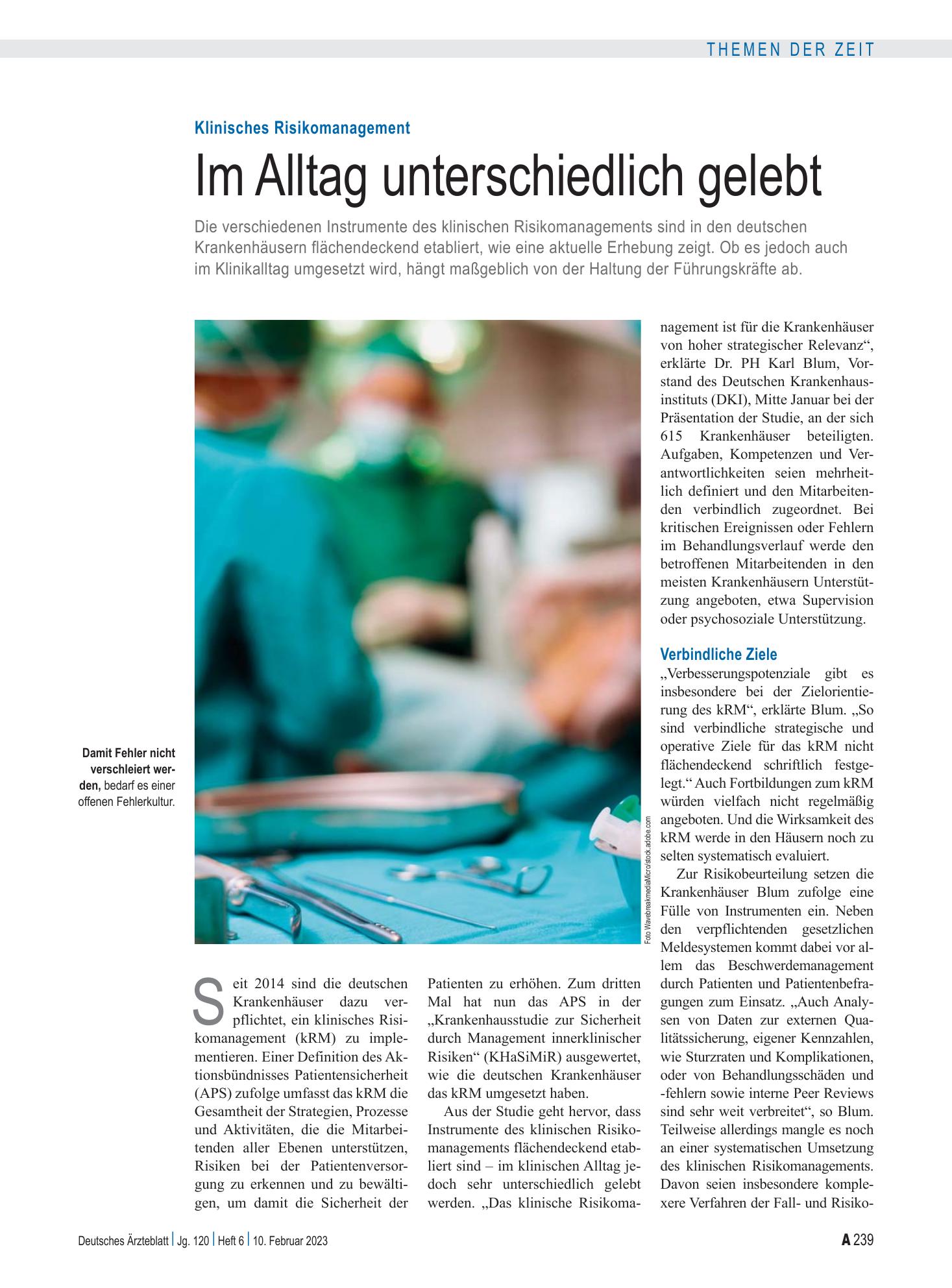 Vorschauseite 1: Klinisches Risikomanagement: Im Alltag unterschiedlich gelebt – Deutsches Ärzteblatt