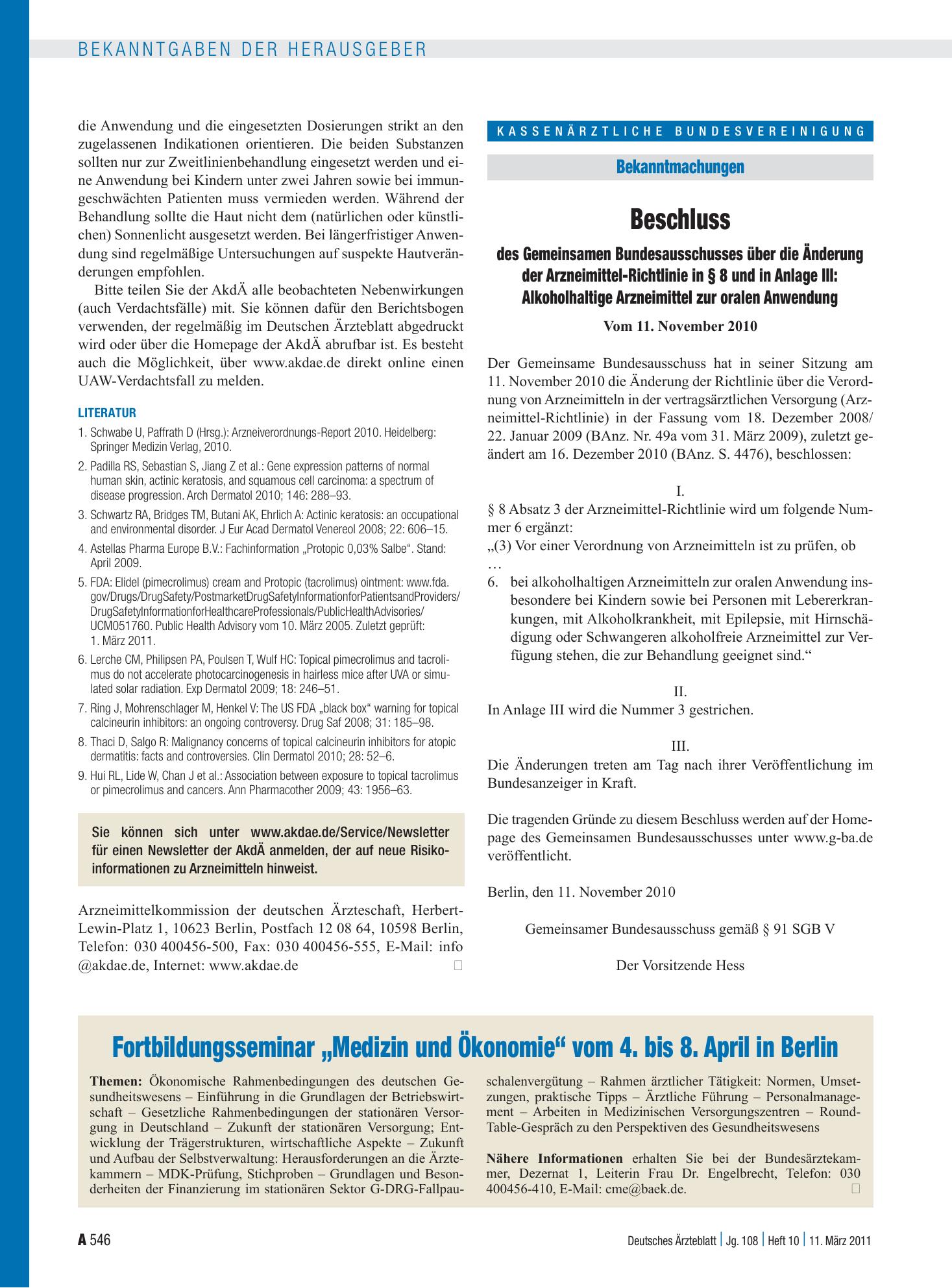 Vorschauseite 1: Fortbildungsseminar „Medizin und Ökonomie“ vom 4. bis 8. April in Berlin – Deutsches Ärzteblatt
