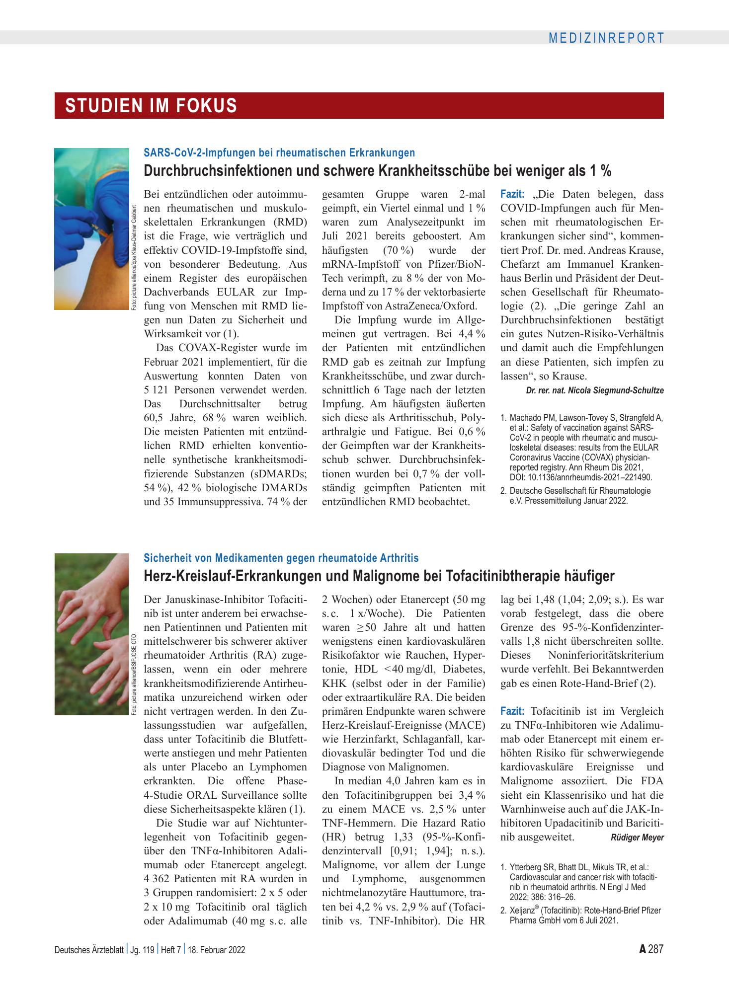 Vorschauseite 1: SARS-CoV-2-Impfungen bei rheumatischen Erkrankungen: Durchbruchsinfektionen und schwere Krankheitsschübe bei weniger als 1 % – Deutsches Ärzteblatt