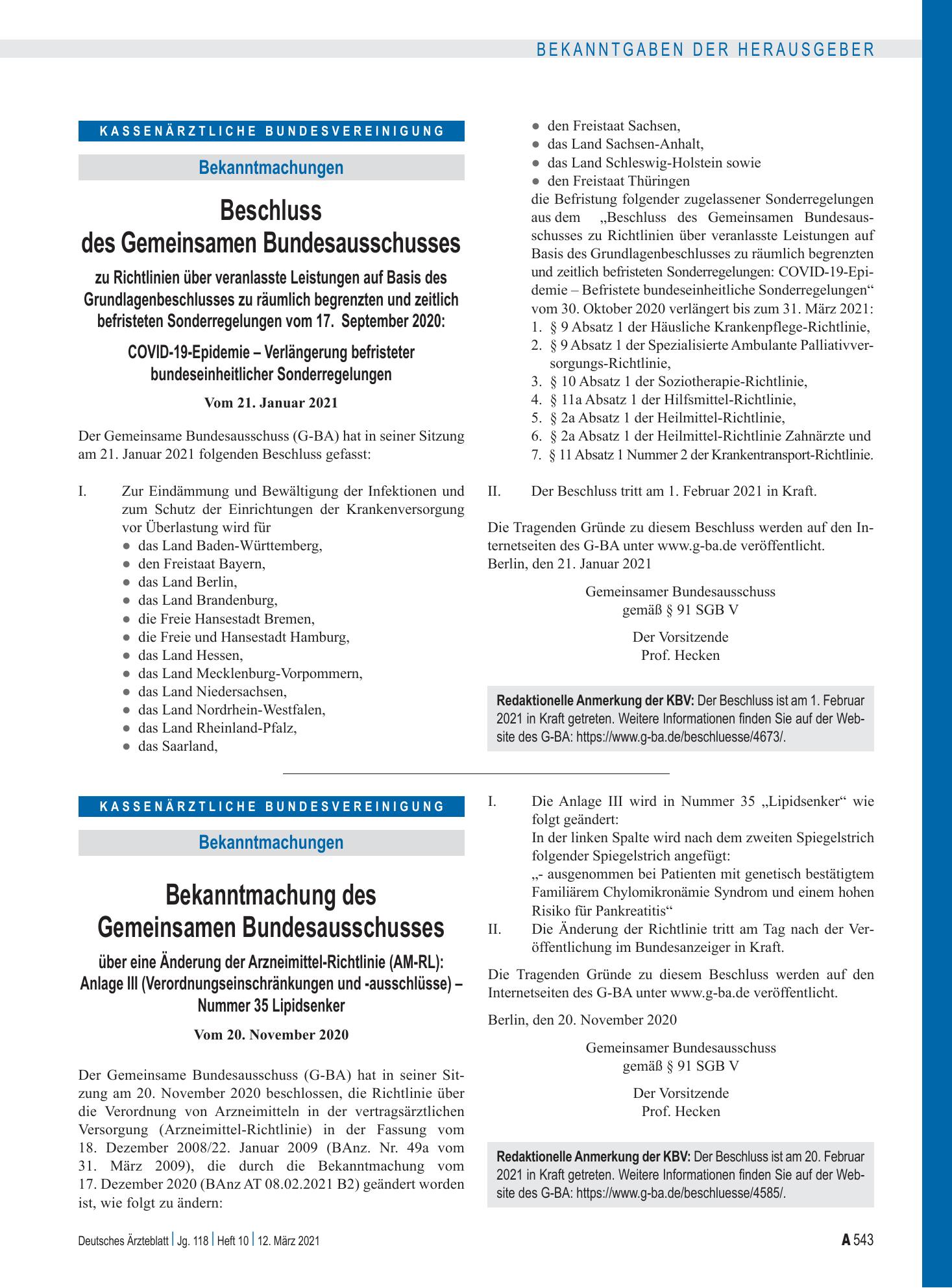 Vorschauseite 1: Bekanntmachung des Gemeinsamen Bundesausschusses über eine Änderung der Arzneimittel-Richtlinie (AM-RL): Anlage III (Verordnungseinschränkungen und -ausschlüsse) – Nummer 35 Lipid…