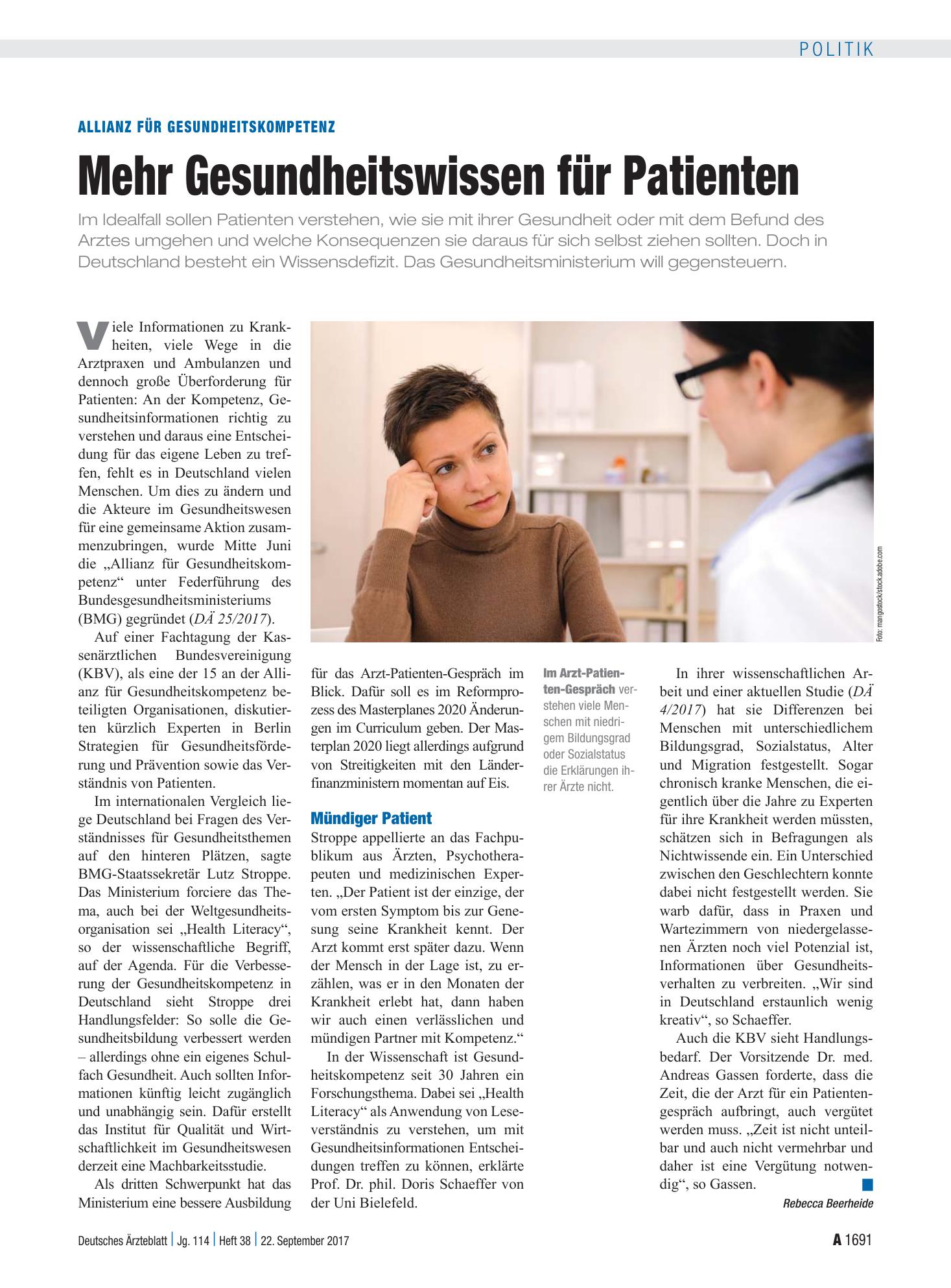 Vorschauseite 1: Allianz für Gesundheitskompetenz: Mehr Gesundheitswissen für Patienten – Deutsches Ärzteblatt