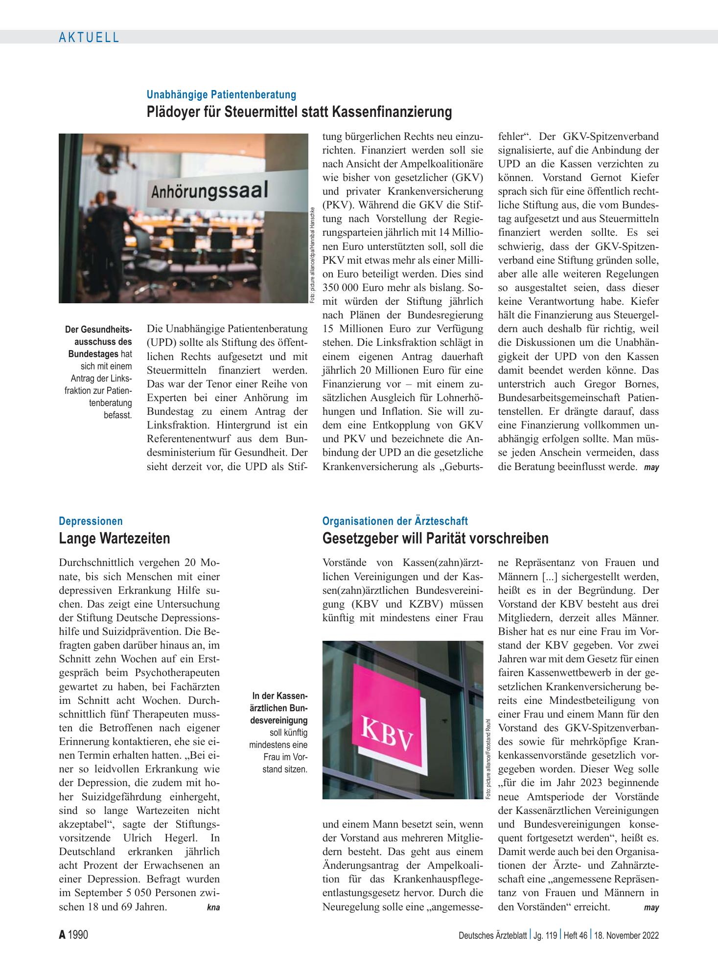 Vorschauseite 1: Depressionen: Lange Wartezeiten – Deutsches Ärzteblatt