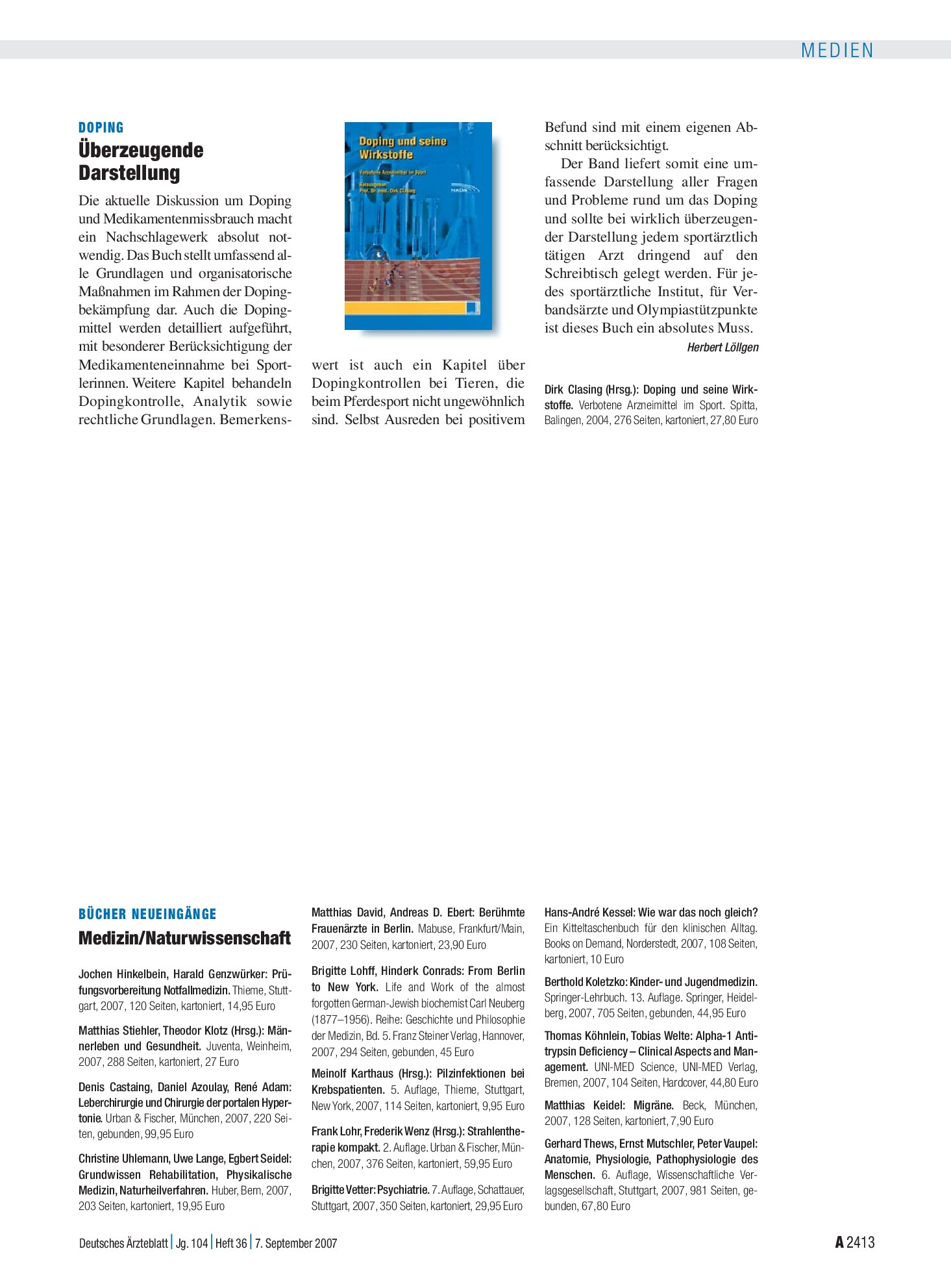 Vorschauseite 1: Bücher Neueingänge: Medizin/Naturwissenschaft – Deutsches Ärzteblatt