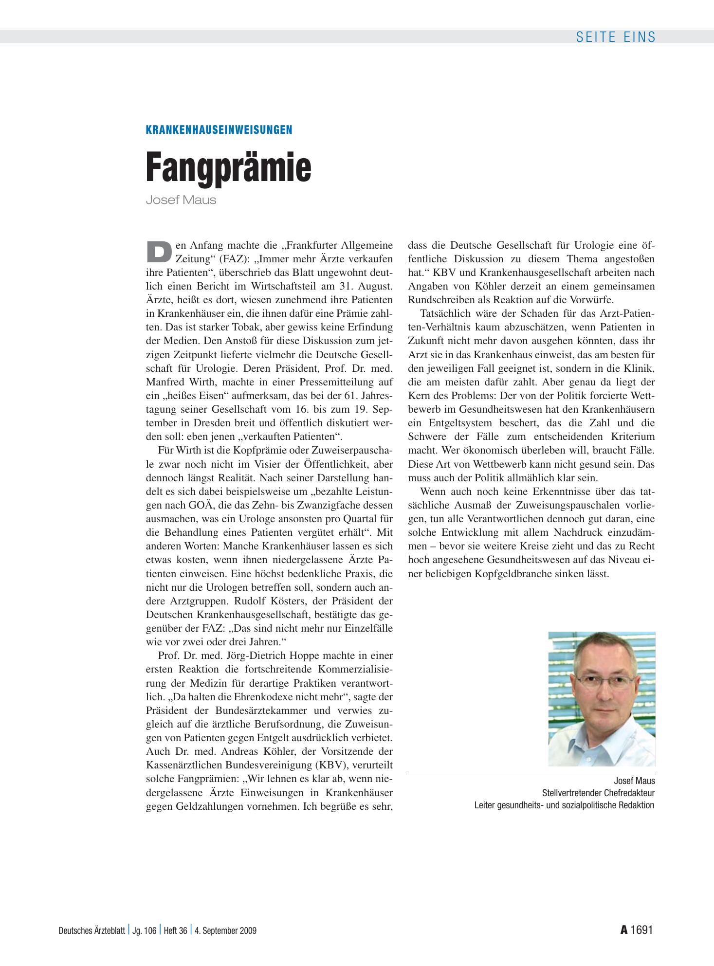 Vorschauseite 1: Krankenhauseinweisungen: Fangprämie – Deutsches Ärzteblatt