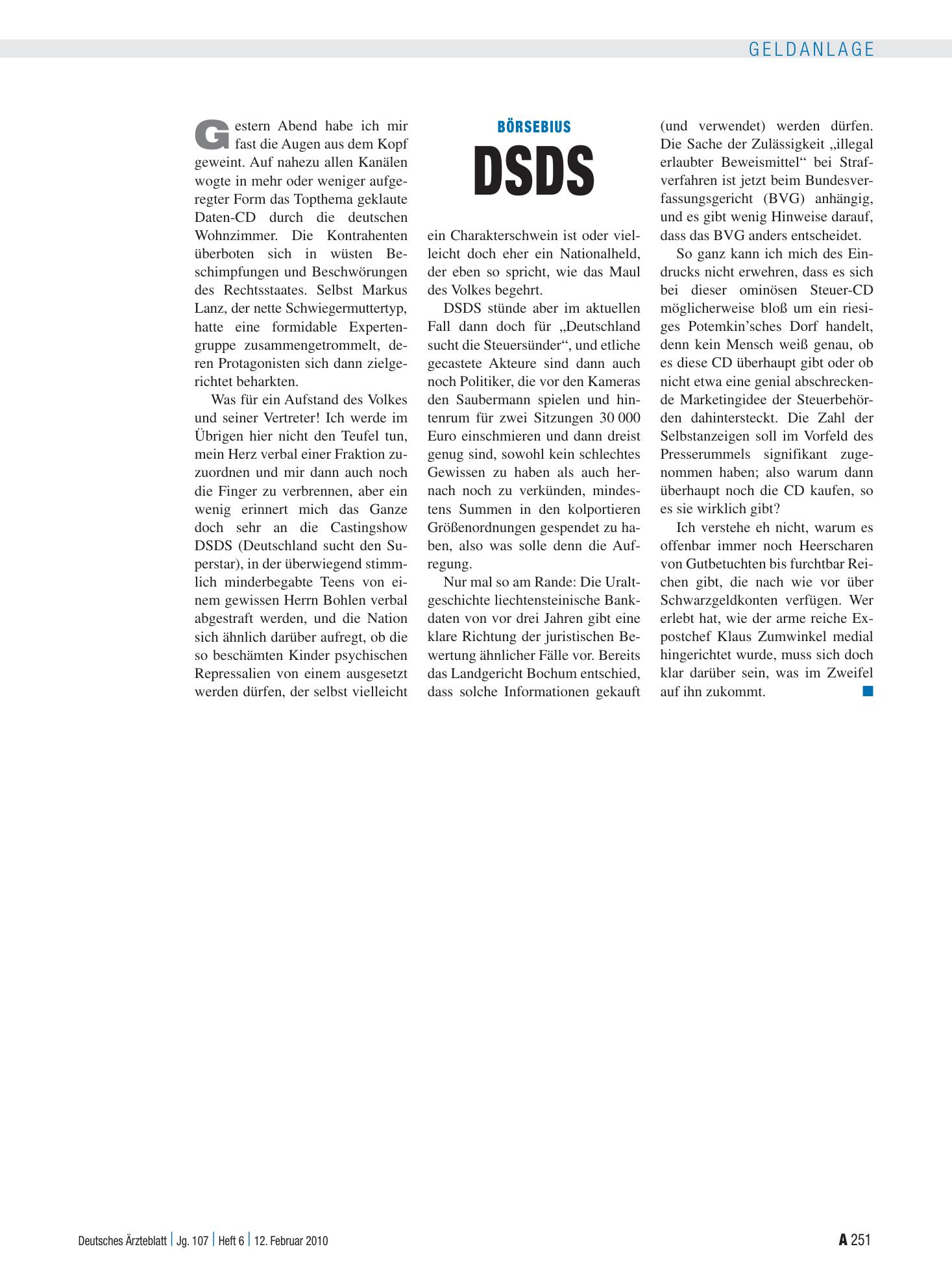 Vorschauseite 1: Börsebius: DSDS – Deutsches Ärzteblatt