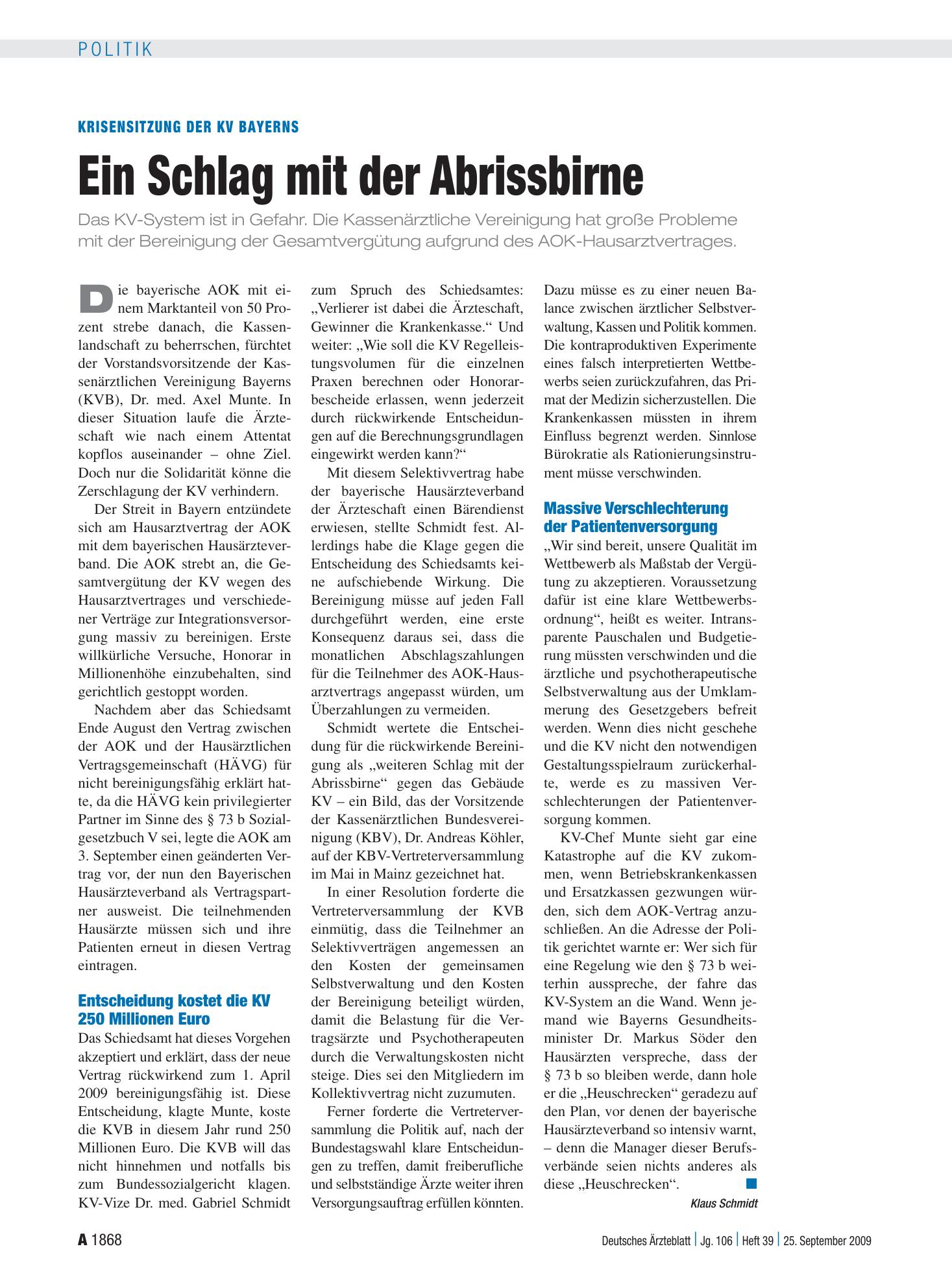 Vorschauseite 1: Krisensitzung der KV Bayerns: Ein Schlag mit der Abrissbirne – Deutsches Ärzteblatt