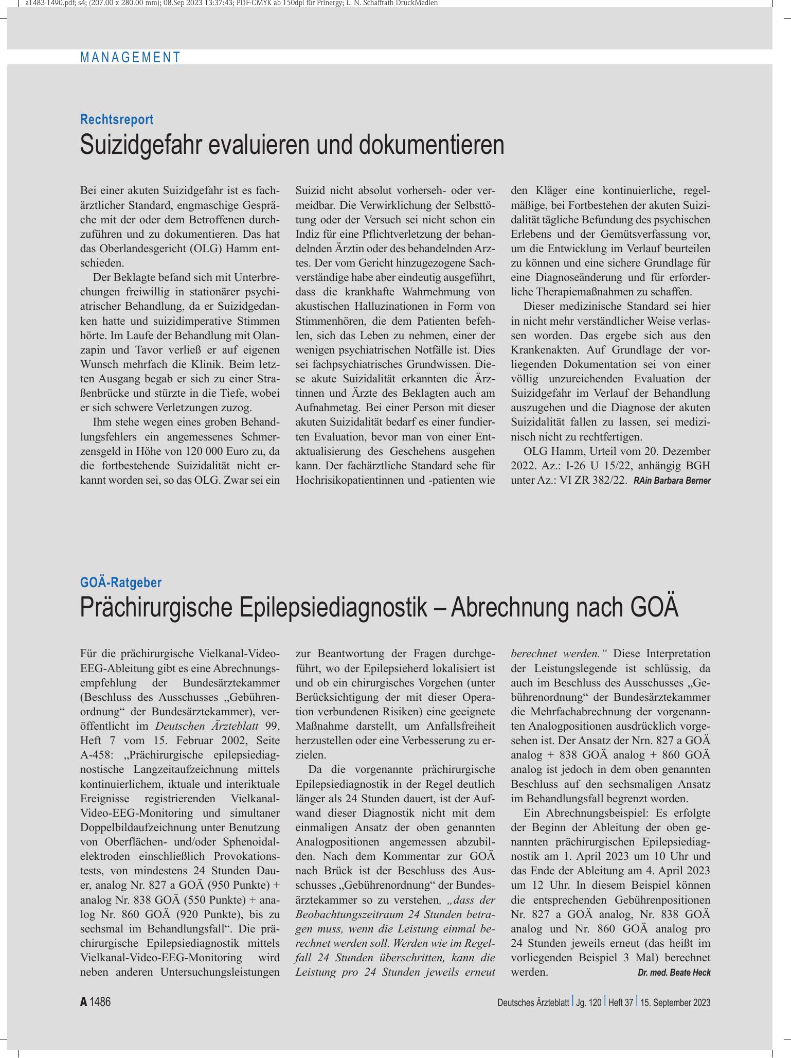 Vorschauseite 1: Rechtsreport: Suizidgefahr evaluieren und dokumentieren – Deutsches Ärzteblatt