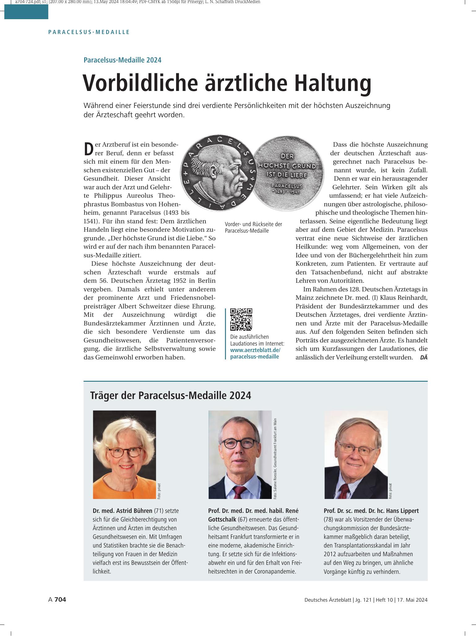 Vorschauseite 1: Paracelsus-Medaille 2024: Vorbildliche ärztliche Haltung – Deutsches Ärzteblatt