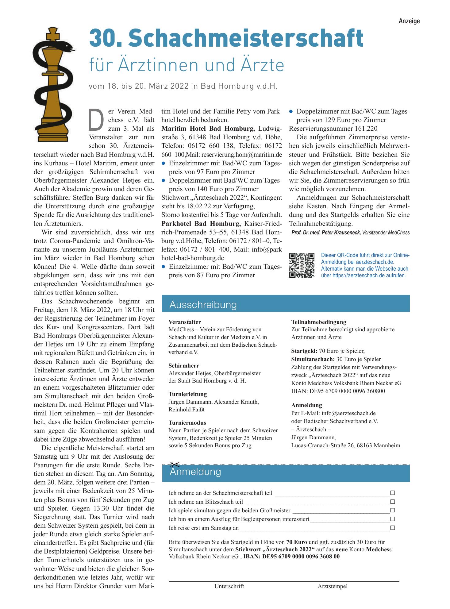 Vorschauseite 1: 30. Schachmeisterschaft für Ärztinnen und Ärzte – Deutsches Ärzteblatt