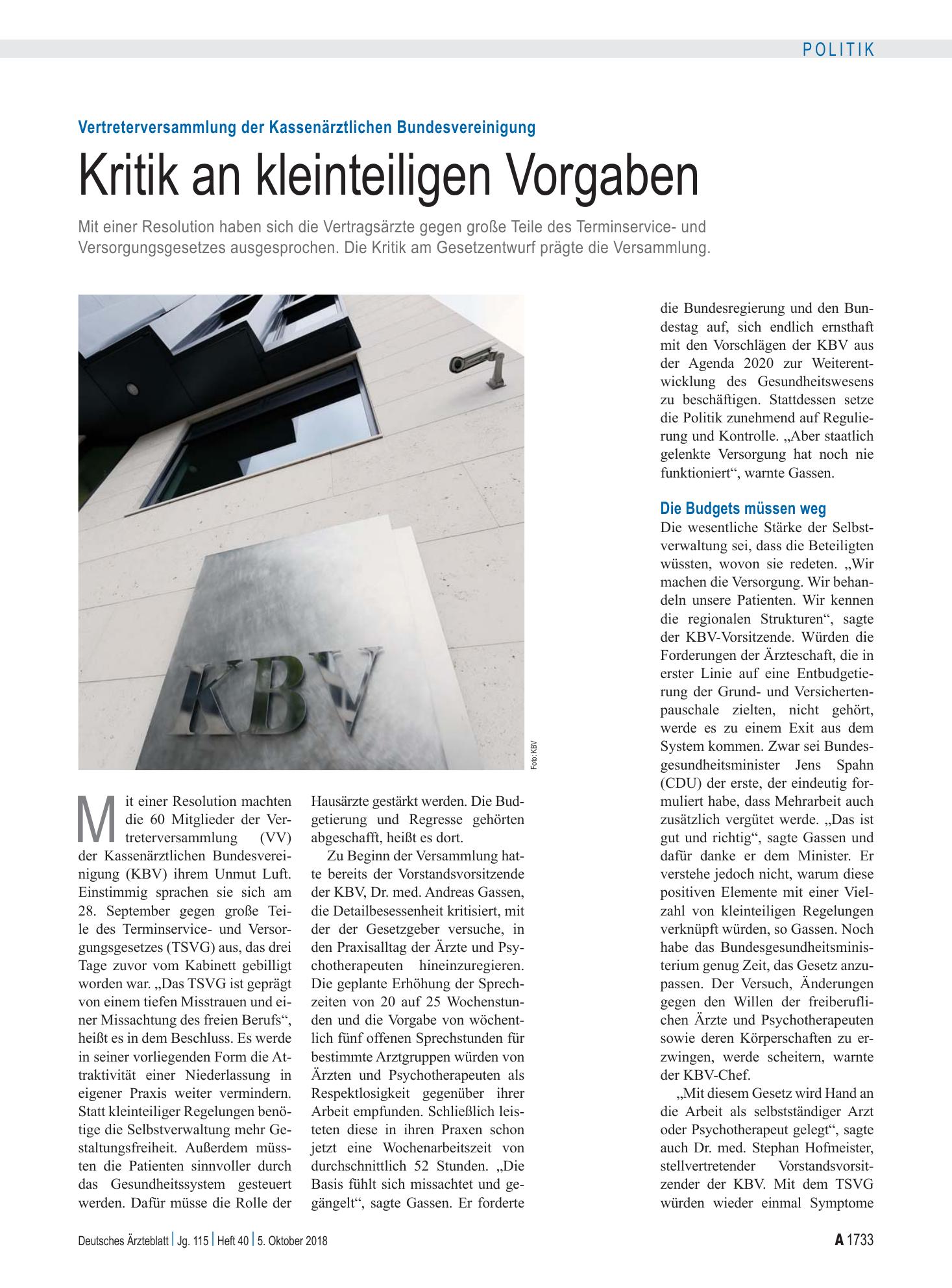 Vorschauseite 1: Vertreterversammlung der Kassenärztlichen Bundesvereinigung: Kritik an kleinteiligen Vorgaben – Deutsches Ärzteblatt