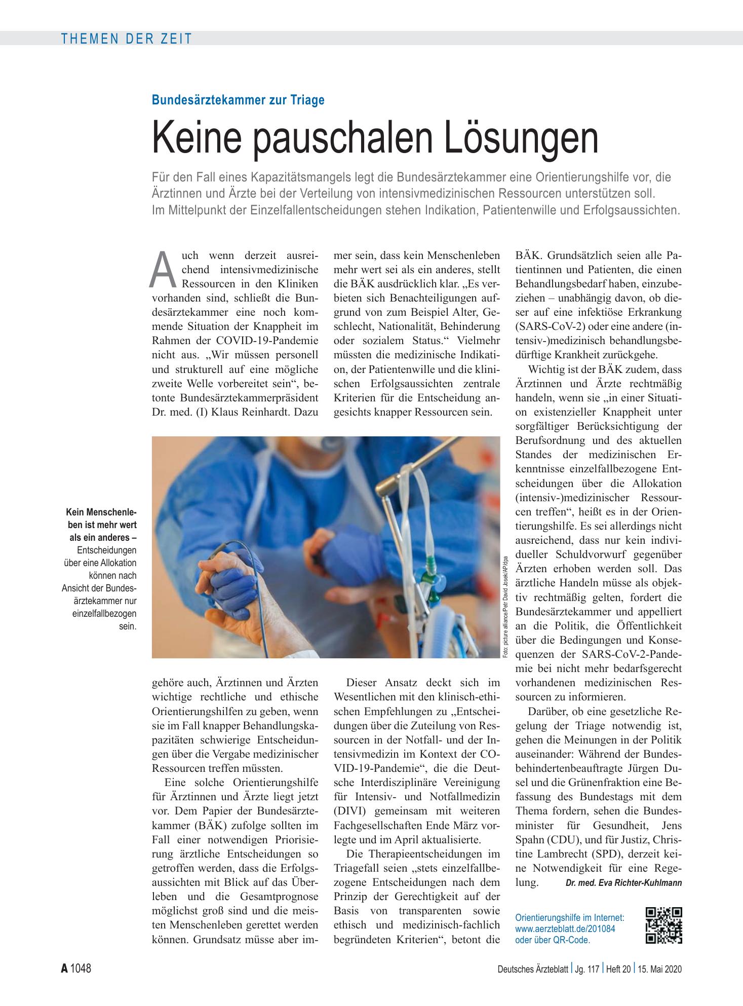 Vorschauseite 1: Bundesärztekammer zur Triage: Keine pauschalen Lösungen – Deutsches Ärzteblatt