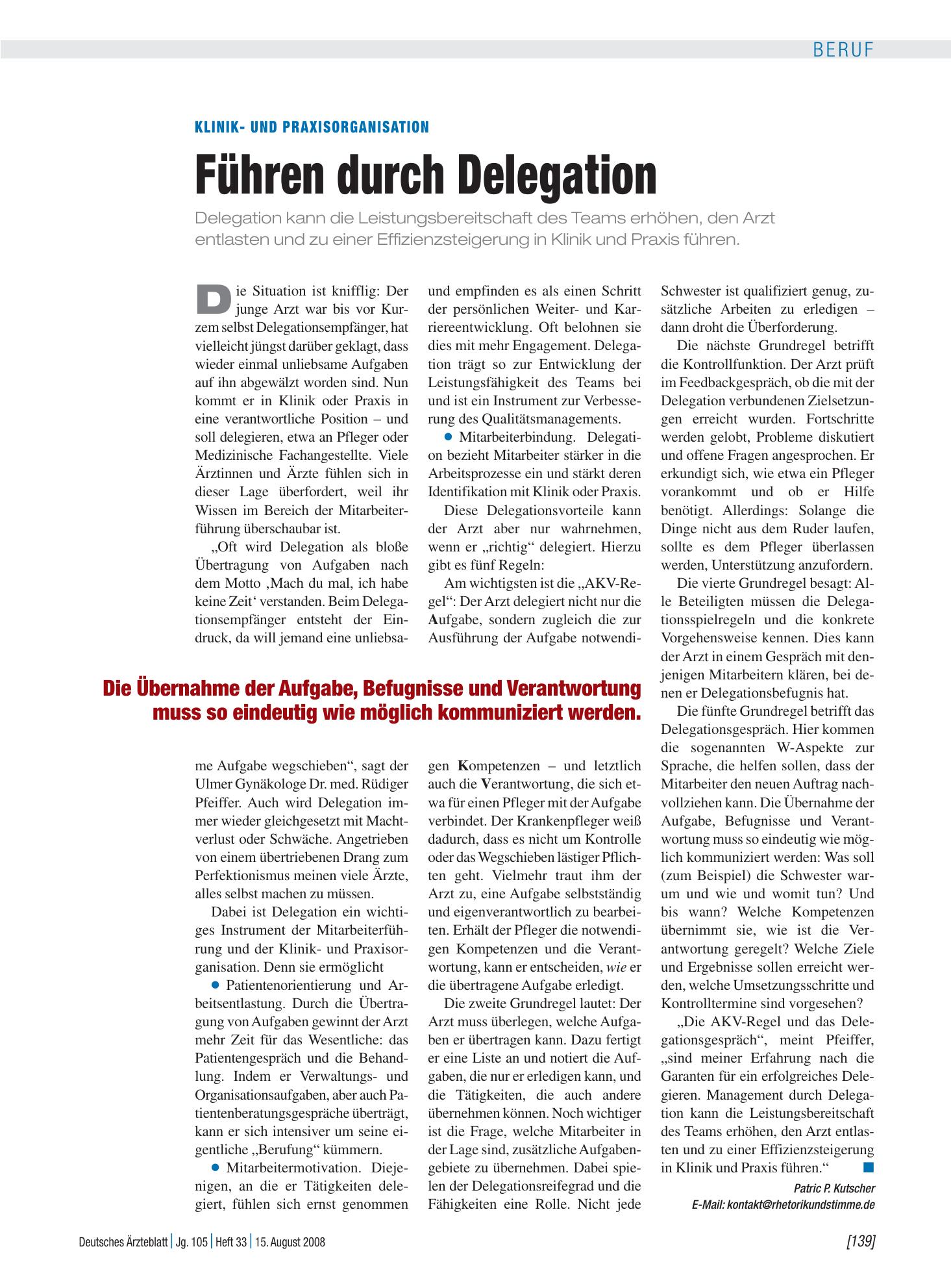 Vorschauseite 1: Klinik- und Praxisorganisation: Führen durch Delegation – Deutsches Ärzteblatt