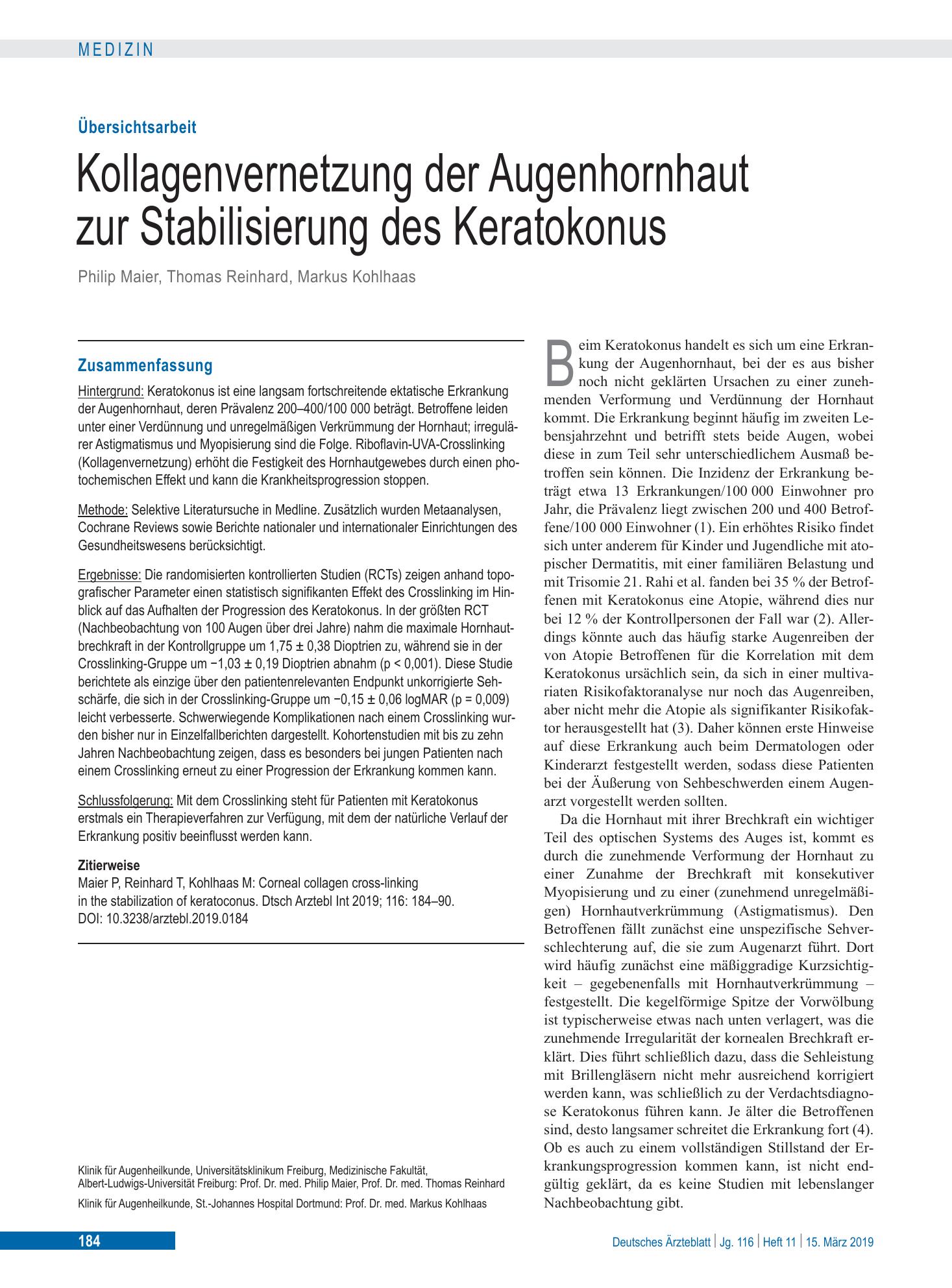 Vorschauseite 1: Kollagenvernetzung der Augenhornhaut zur Stabilisierung des Keratokonus – Deutsches Ärzteblatt