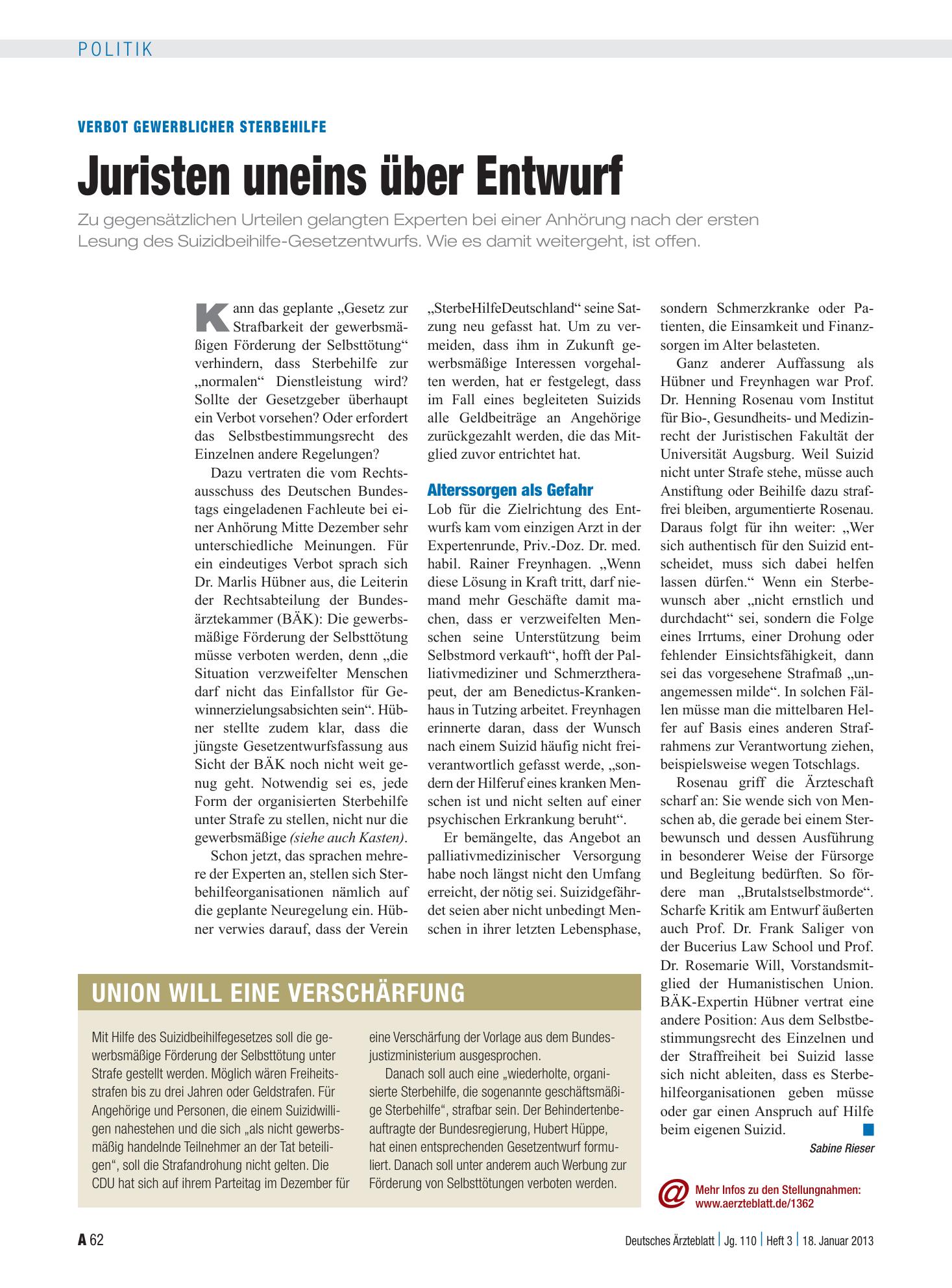 Vorschauseite 1: Verbot gewerblicher Sterbehilfe: Juristen uneins über Entwurf – Deutsches Ärzteblatt