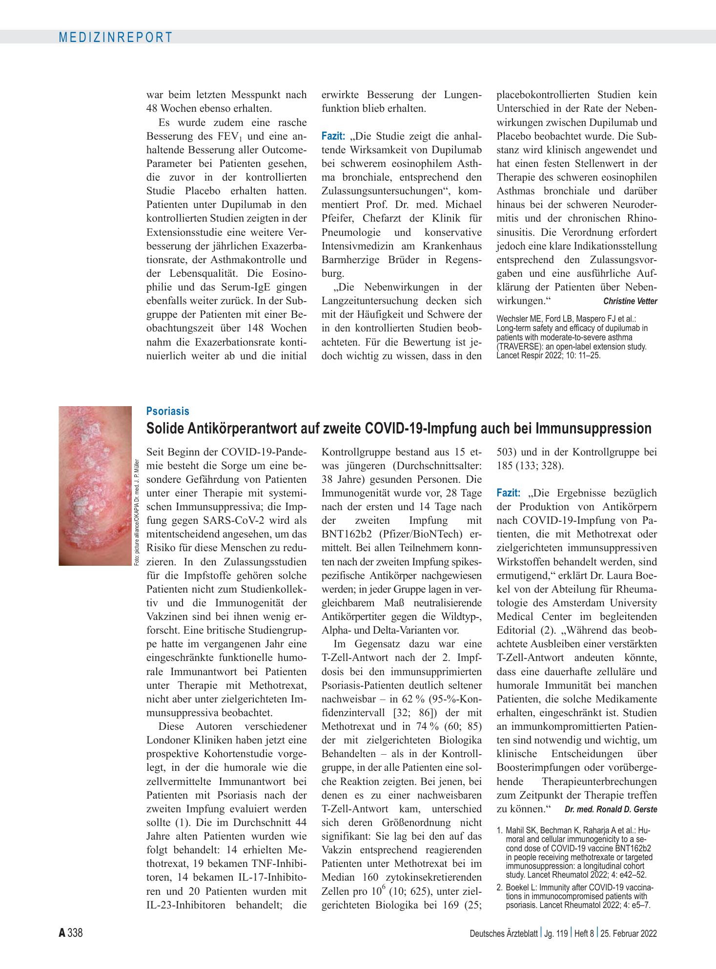 Vorschauseite 1: Psoriasis: Solide Antikörperantwort auf zweite COVID-19-Impfung auch bei Immunsuppression – Deutsches Ärzteblatt