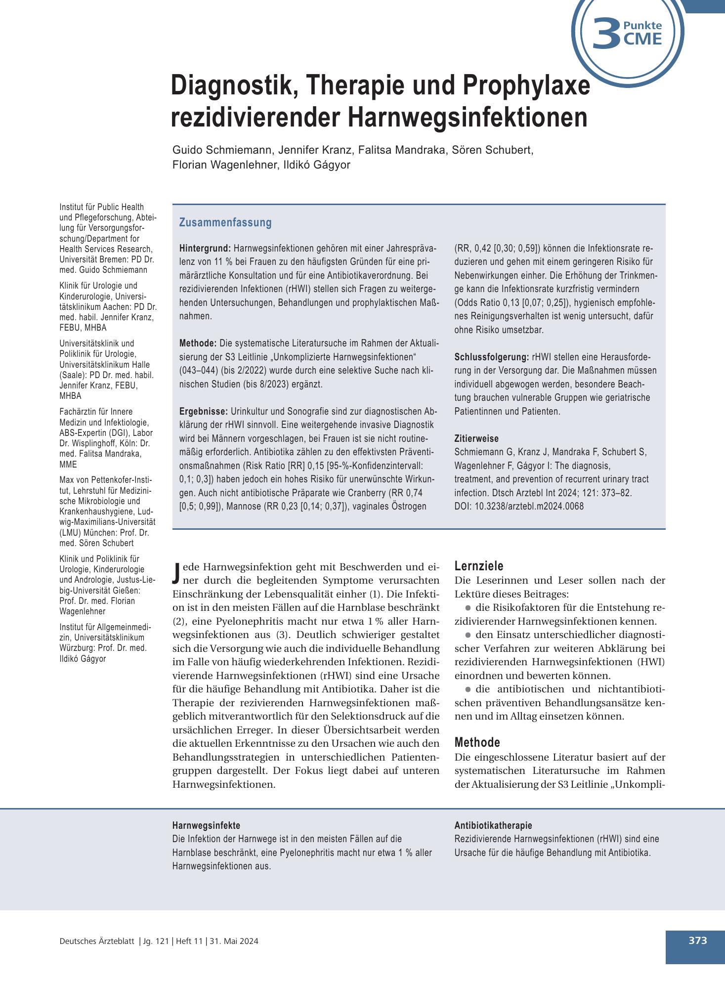 Vorschauseite 1: Diagnostik, Therapie und Prophylaxe rezidivierender Harnwegsinfektionen – Deutsches Ärzteblatt