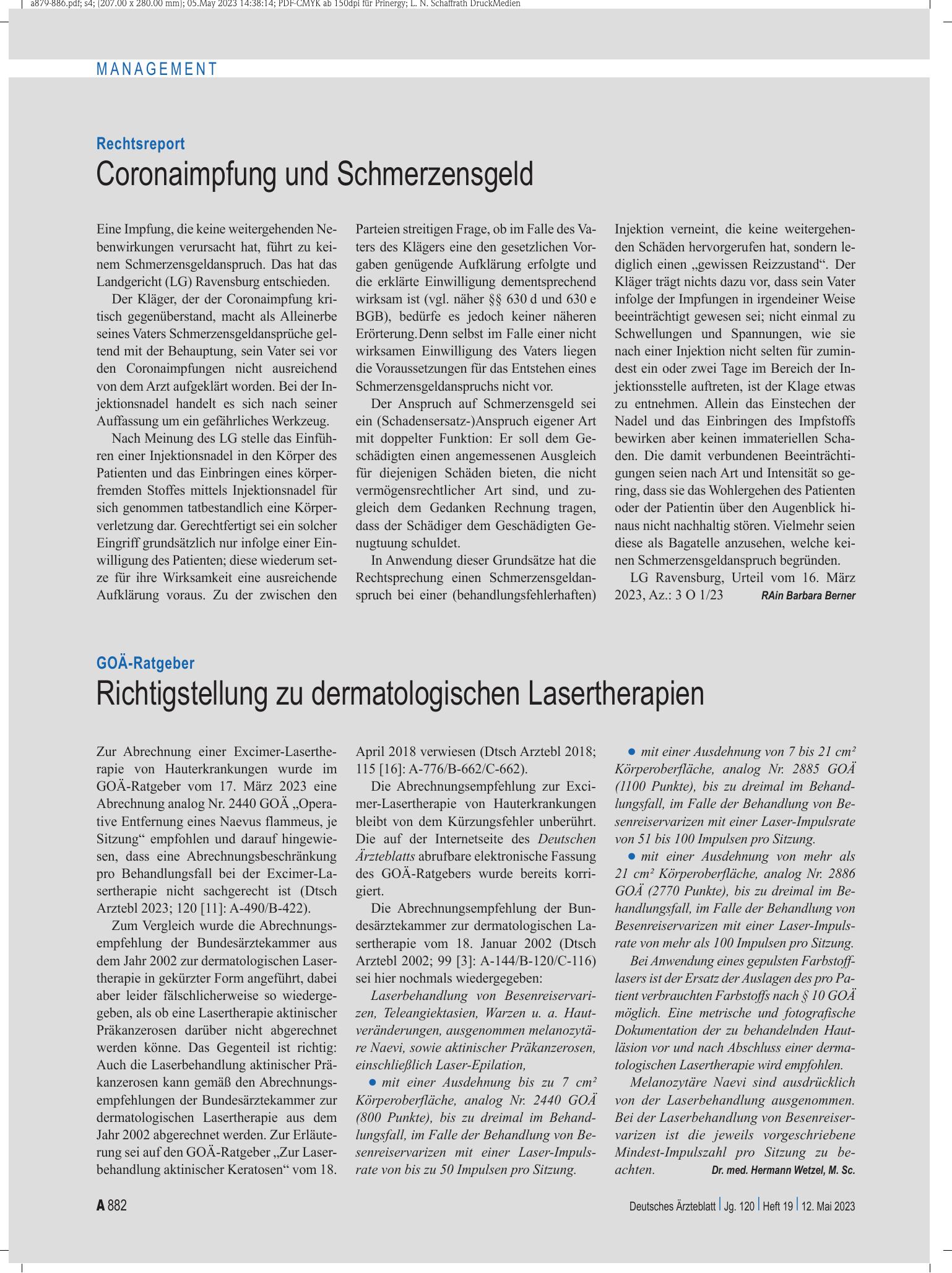 Vorschauseite 1: Rechtsreport: Coronaimpfung und Schmerzensgeld – Deutsches Ärzteblatt