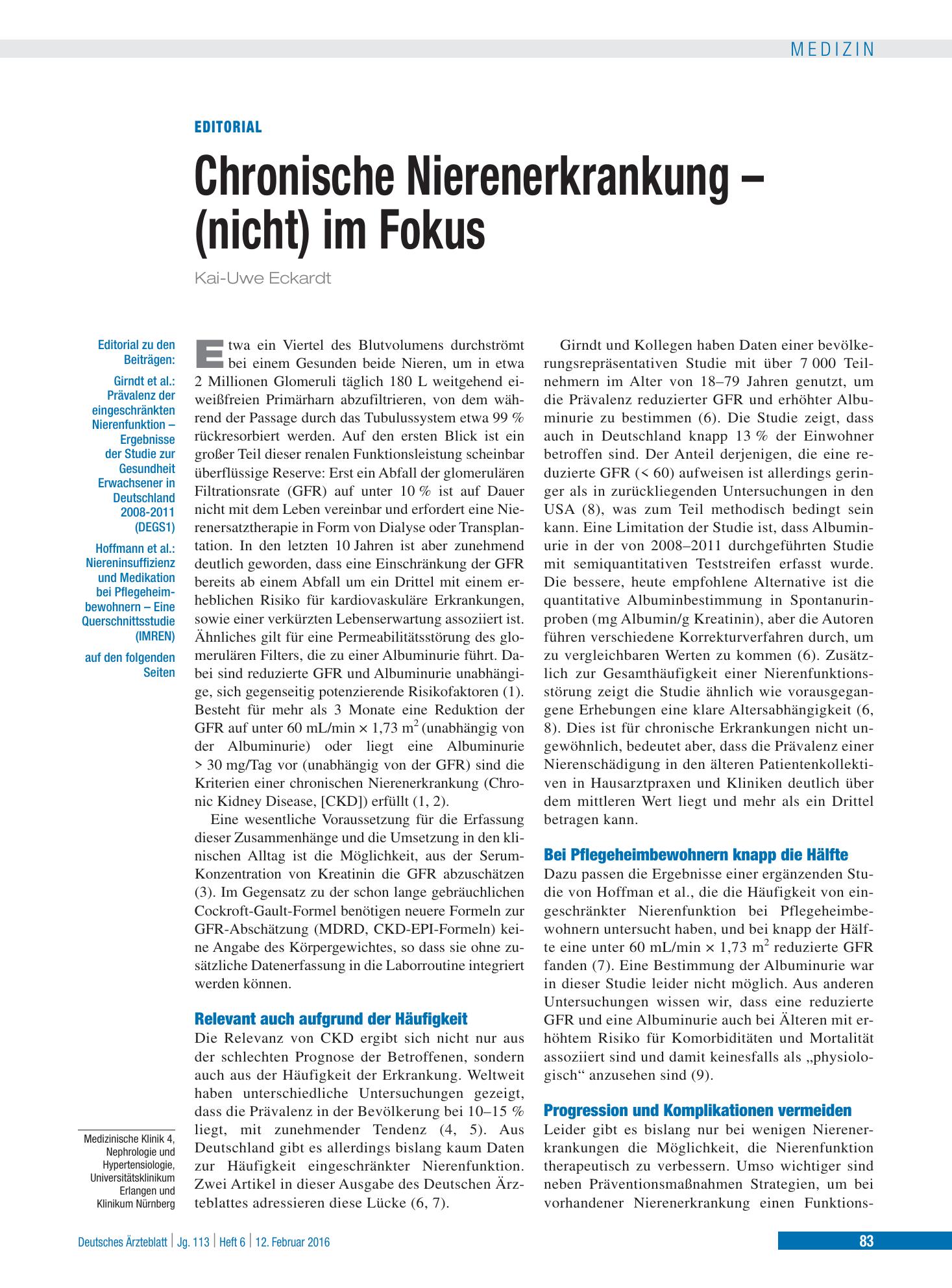 Vorschauseite 1: Prävalenz der eingeschränkten Nierenfunktion – Deutsches Ärzteblatt