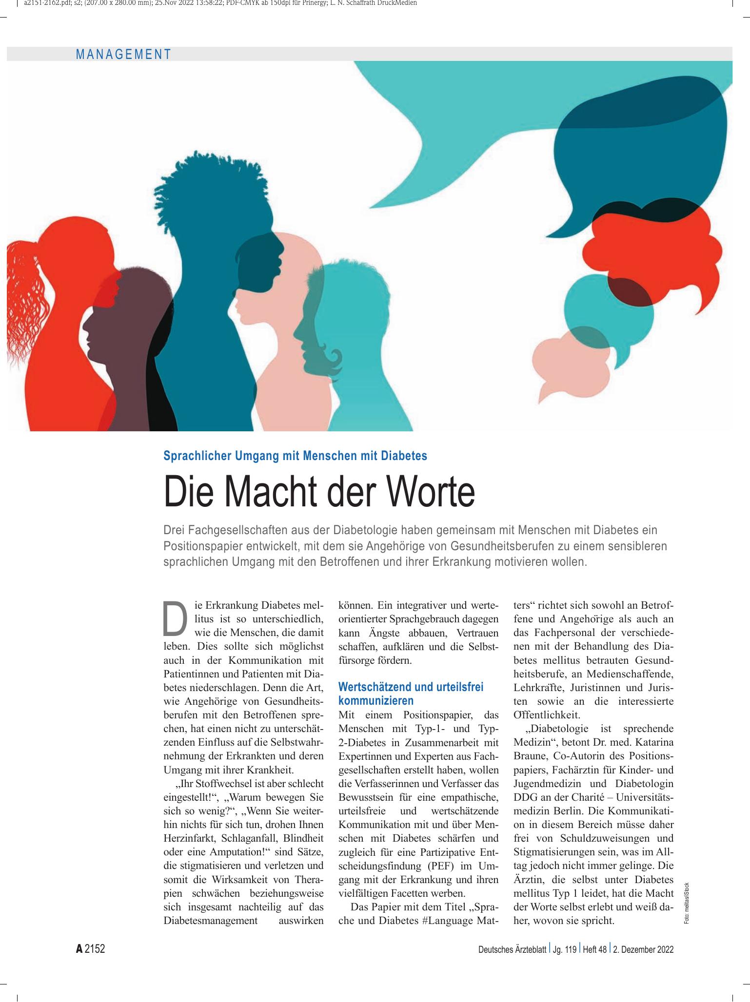 Vorschauseite 1: Sprachlicher Umgang mit Menschen mit Diabetes: Die Macht der Worte – Deutsches Ärzteblatt