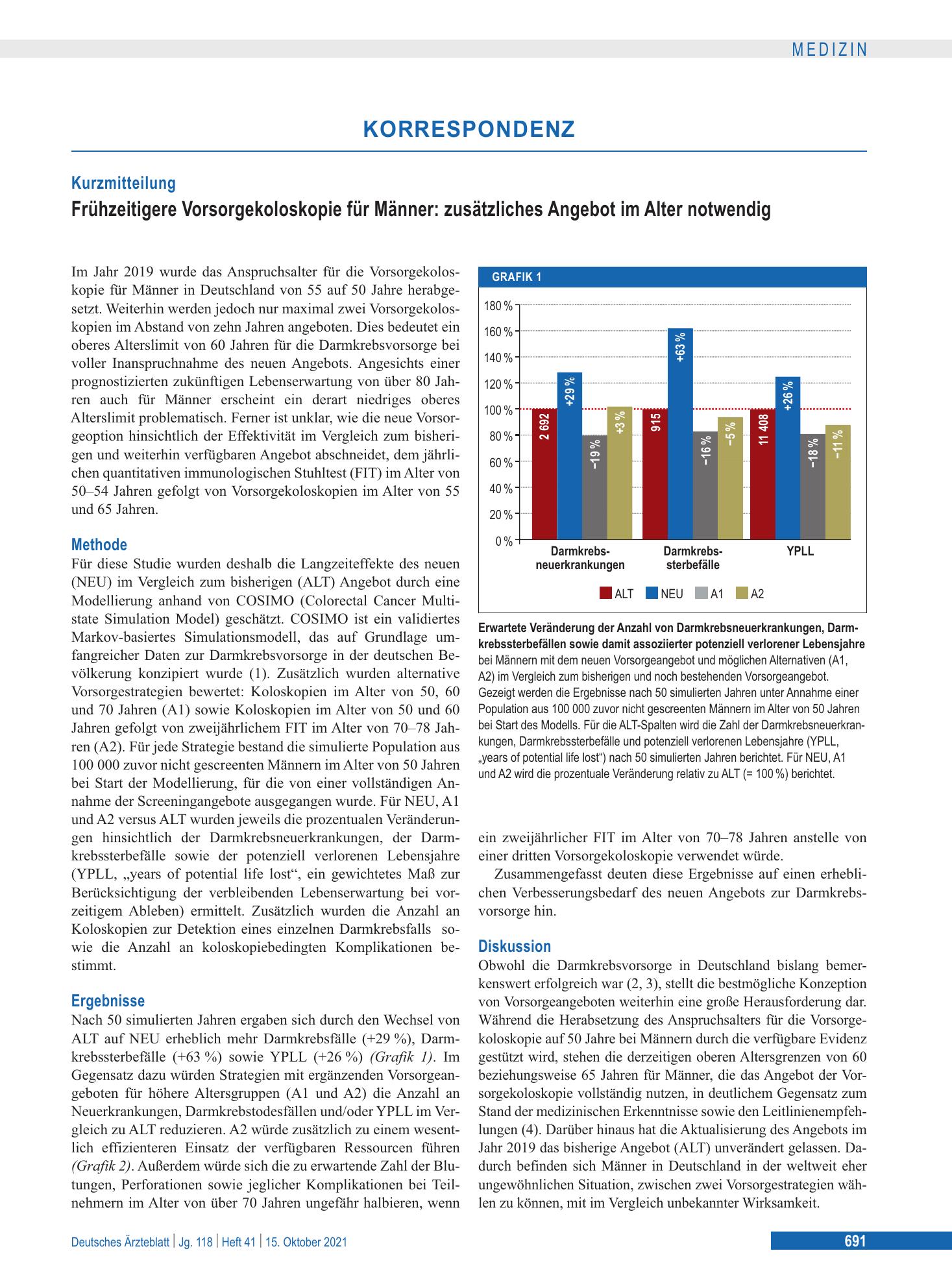 Vorschauseite 1: Frühzeitigere Vorsorgekoloskopie für Männer: zusätzliches Angebot im Alter notwendig – Deutsches Ärzteblatt