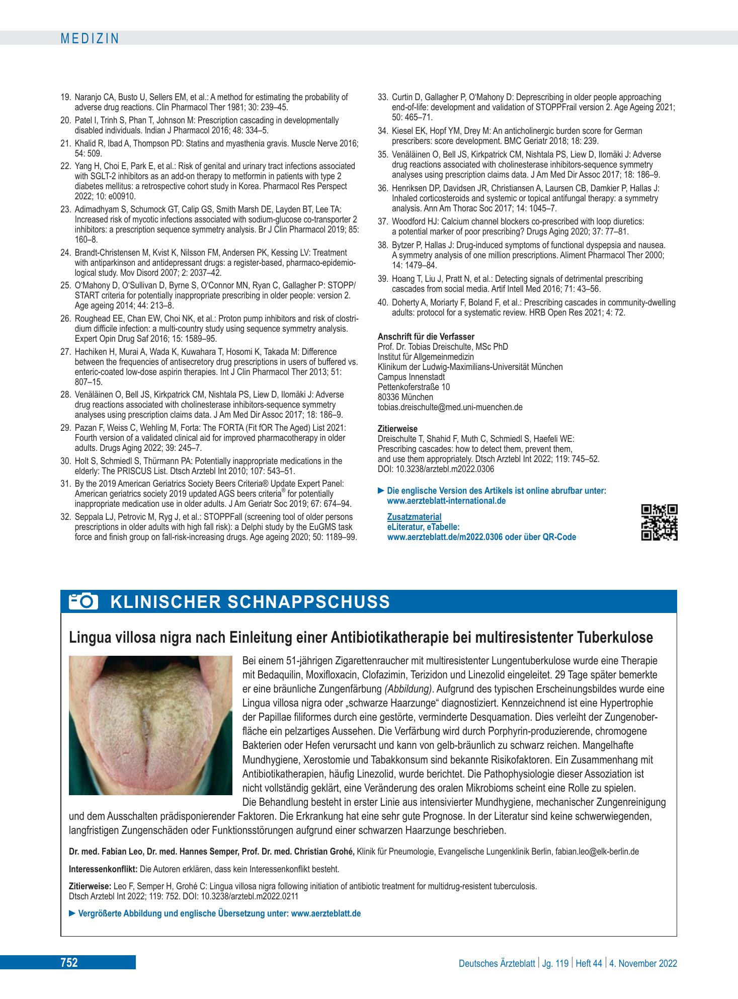 Vorschauseite 1: Lingua villosa nigra nach Einleitung einer Antibiotikatherapie bei multiresistenter Tuberkulose – Deutsches Ärzteblatt