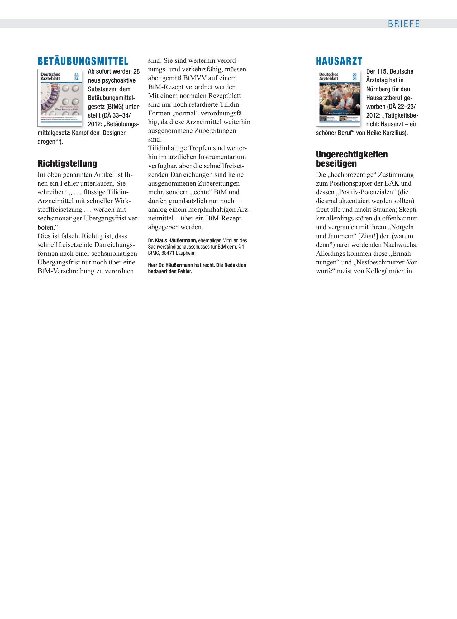 Vorschauseite 1: Betäubungsmittel: Richtigstellung – Deutsches Ärzteblatt