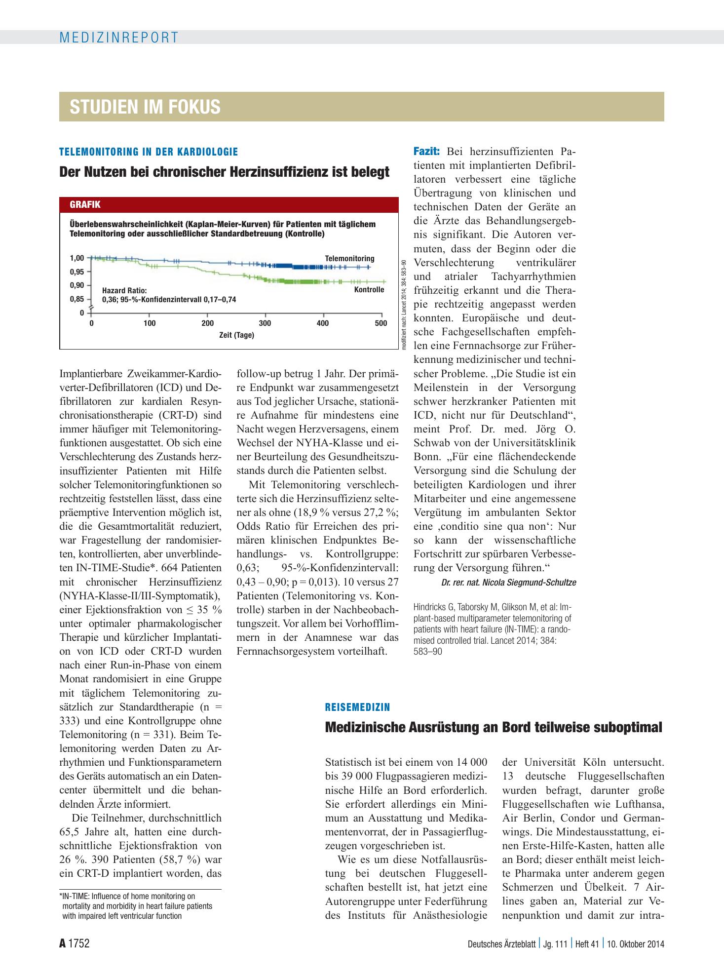 Vorschauseite 1: Telemonitoring in der Kardiologie: Der Nutzen bei chronischer Herzinsuffizienz ist belegt – Deutsches Ärzteblatt