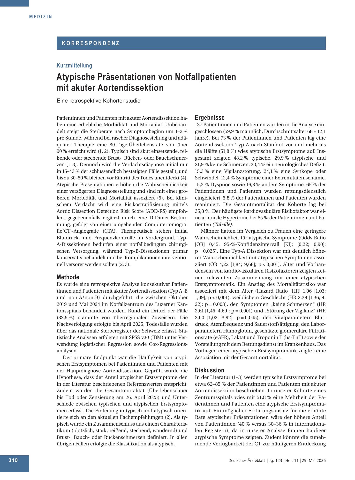 Vorschauseite 1: Atypische Präsentationen von Notfallpatienten mit akuter Aortendissektion – Deutsches Ärzteblatt