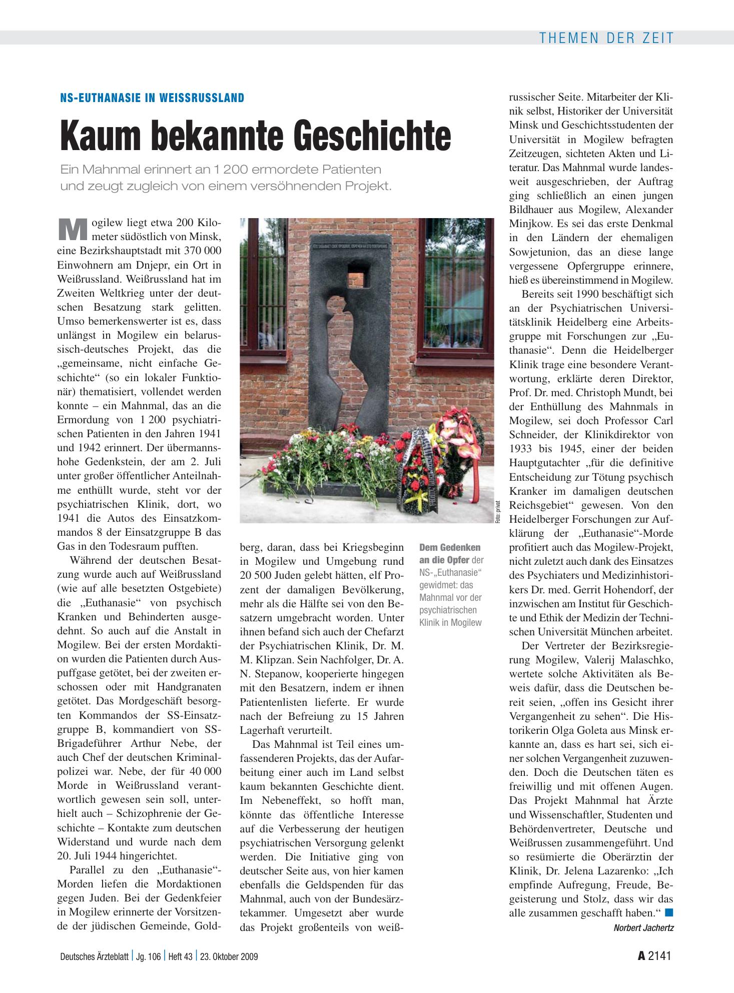 Vorschauseite 1: NS-Euthanasie in Weissrussland: Kaum bekannte Geschichte – Deutsches Ärzteblatt