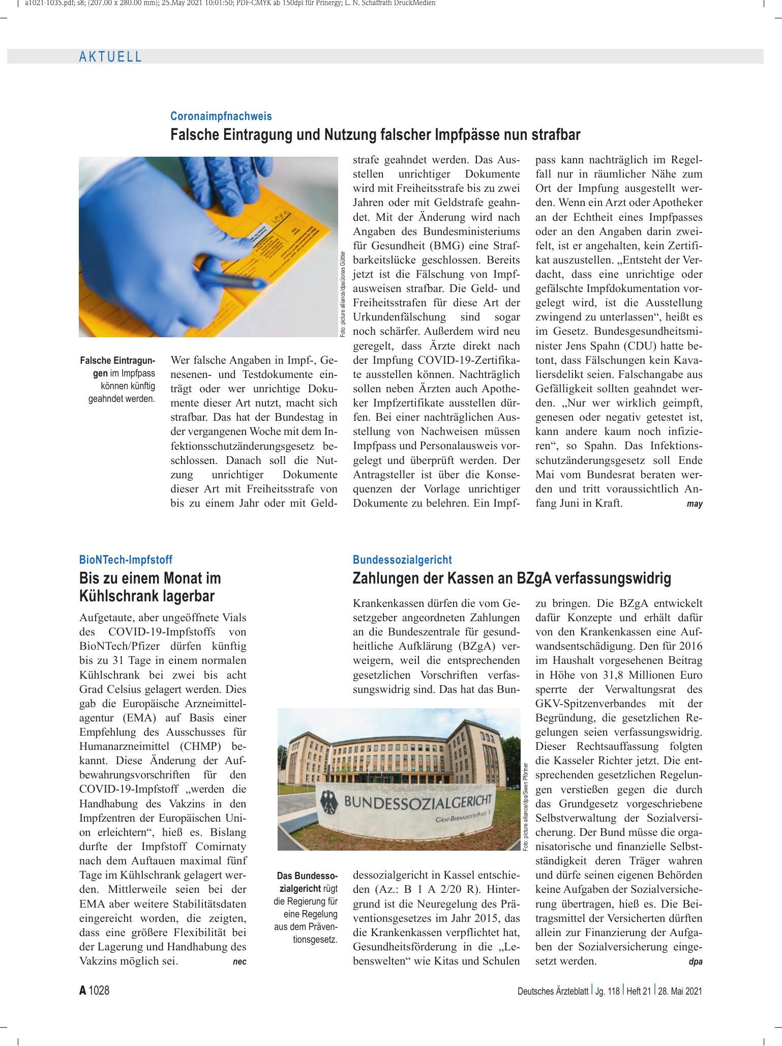 Vorschauseite 1: BioNTech-Impfstoff: Bis zu einem Monat im Kühlschrank lagerbar – Deutsches Ärzteblatt